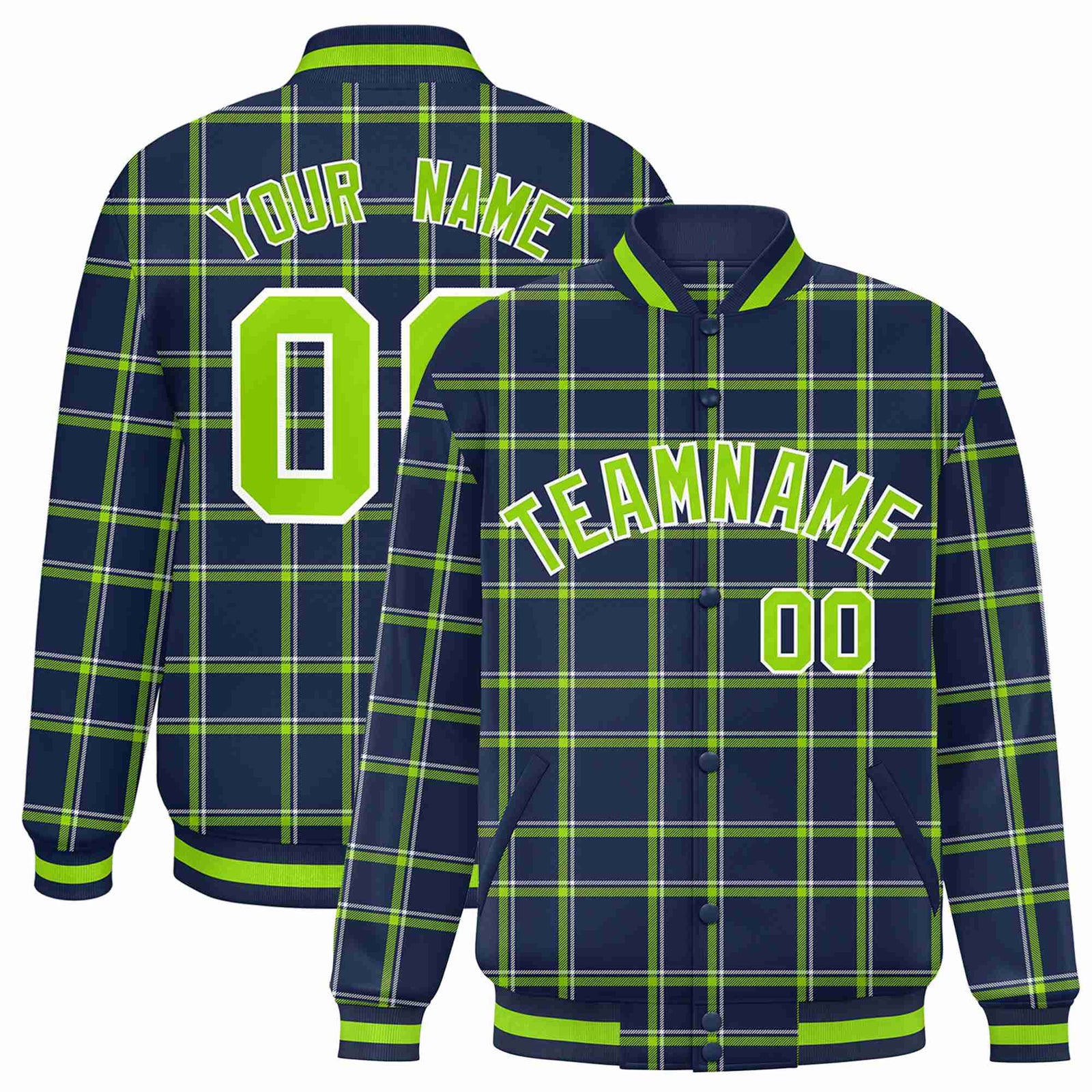 Custom Navy-Kelly Green Varsity Full-Snap Plaid Pattern Letterman Baseball Jacket