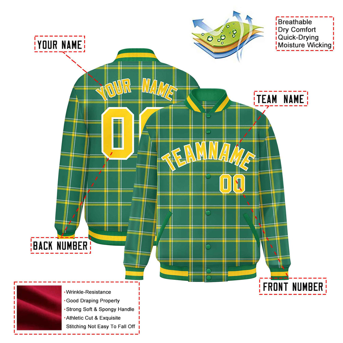 Custom Kelly Green-Gold Varsity Full-Snap Plaid Pattern Letterman Baseball Jacket