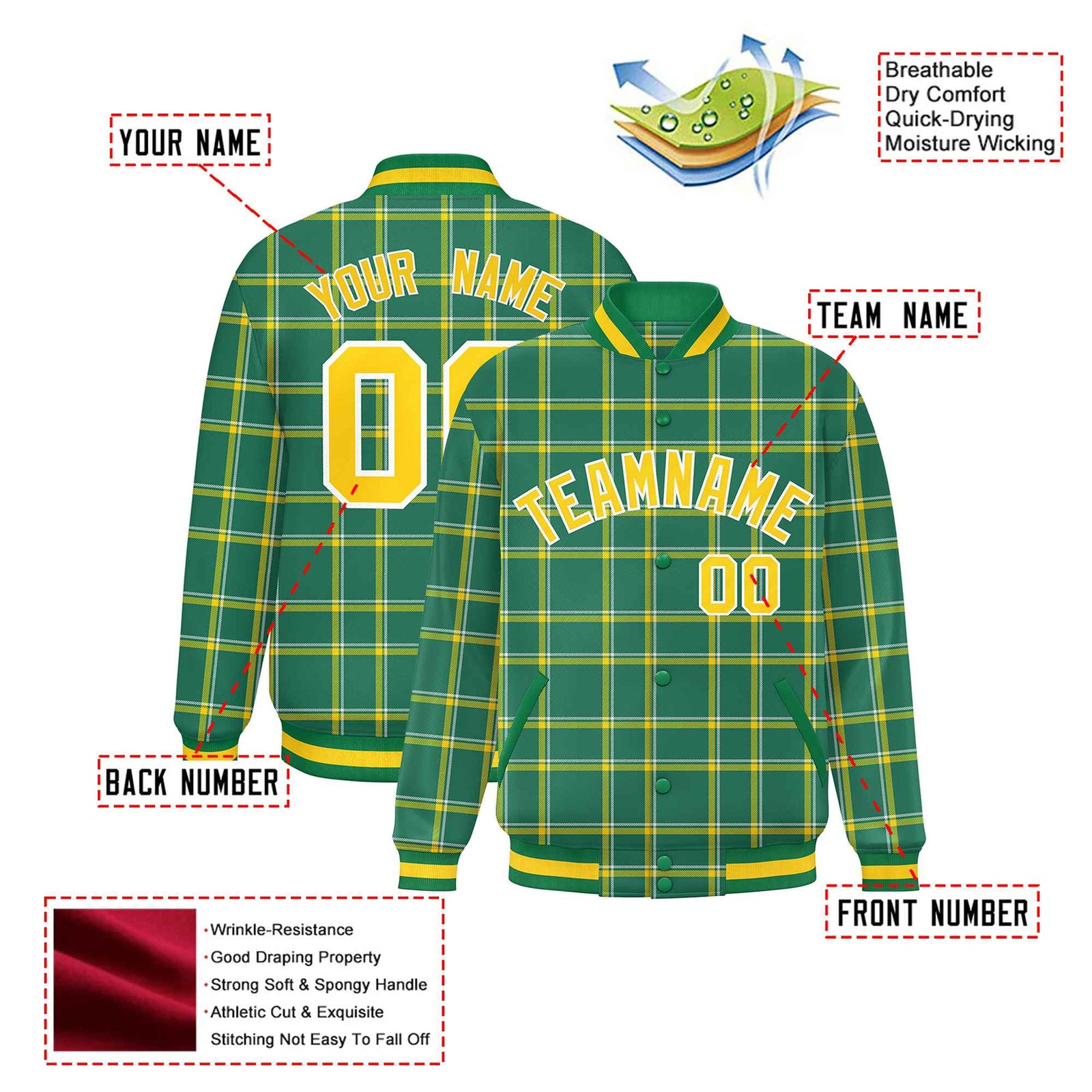 Custom Kelly Green-Gold Varsity Full-Snap Plaid Pattern Letterman Baseball Jacket