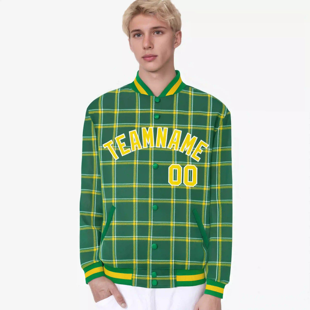 Custom Kelly Green-Gold Varsity Full-Snap Plaid Pattern Letterman Baseball Jacket