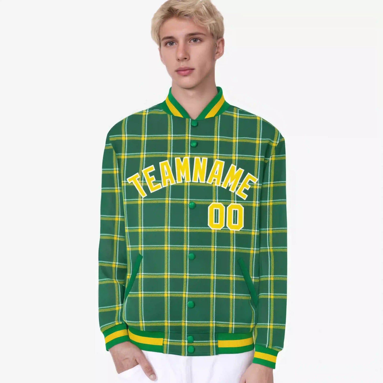 Custom Kelly Green-Gold Varsity Full-Snap Plaid Pattern Letterman Baseball Jacket