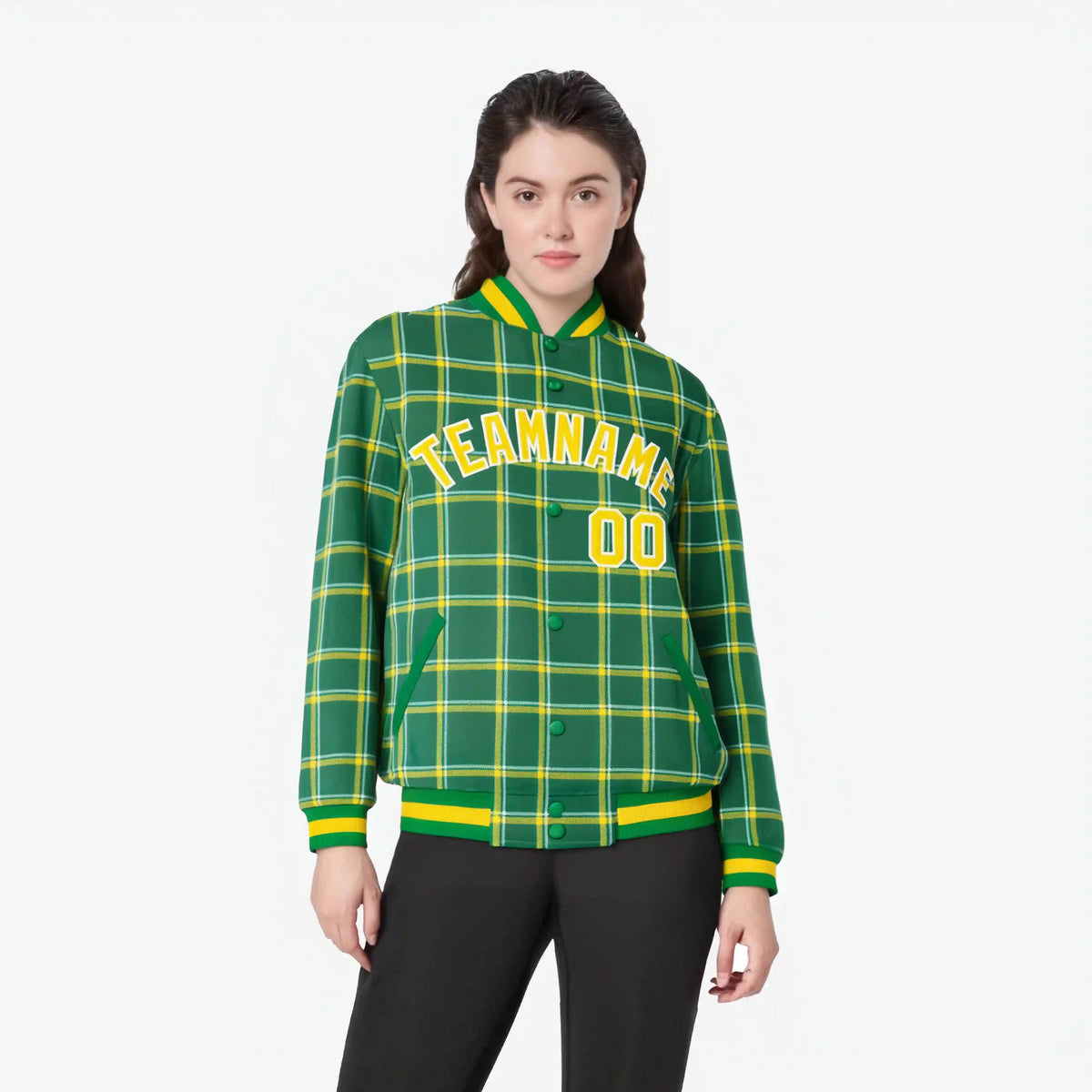 Custom Kelly Green-Gold Varsity Full-Snap Plaid Pattern Letterman Baseball Jacket