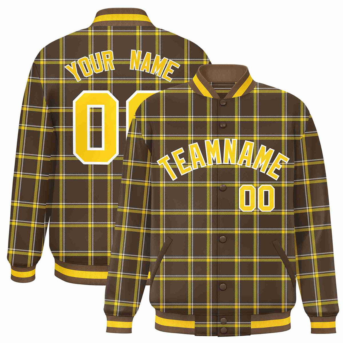 Custom Light Brown-Gold Varsity Full-Snap Plaid Pattern Letterman Baseball Jacket