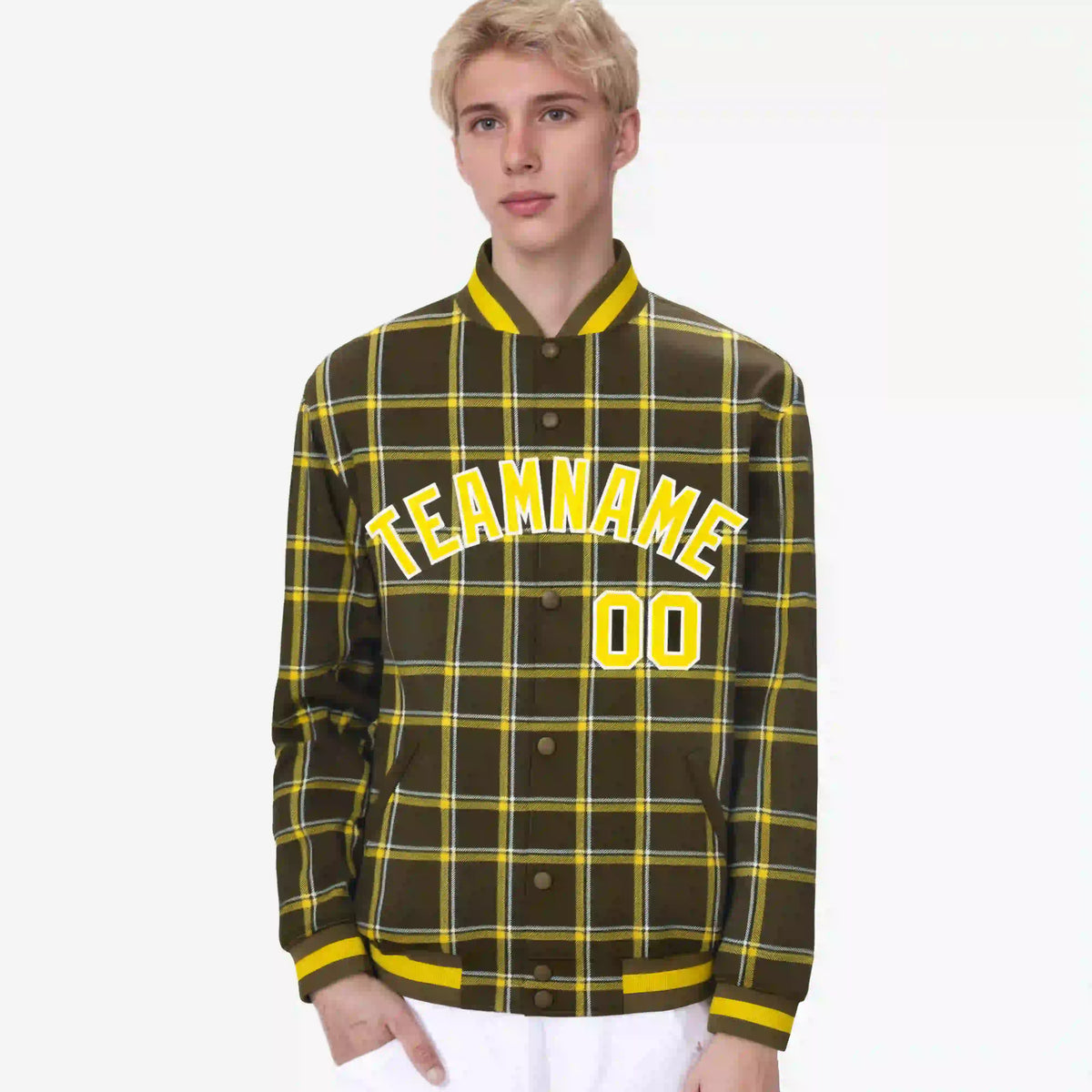 Custom Light Brown-Gold Varsity Full-Snap Plaid Pattern Letterman Baseball Jacket