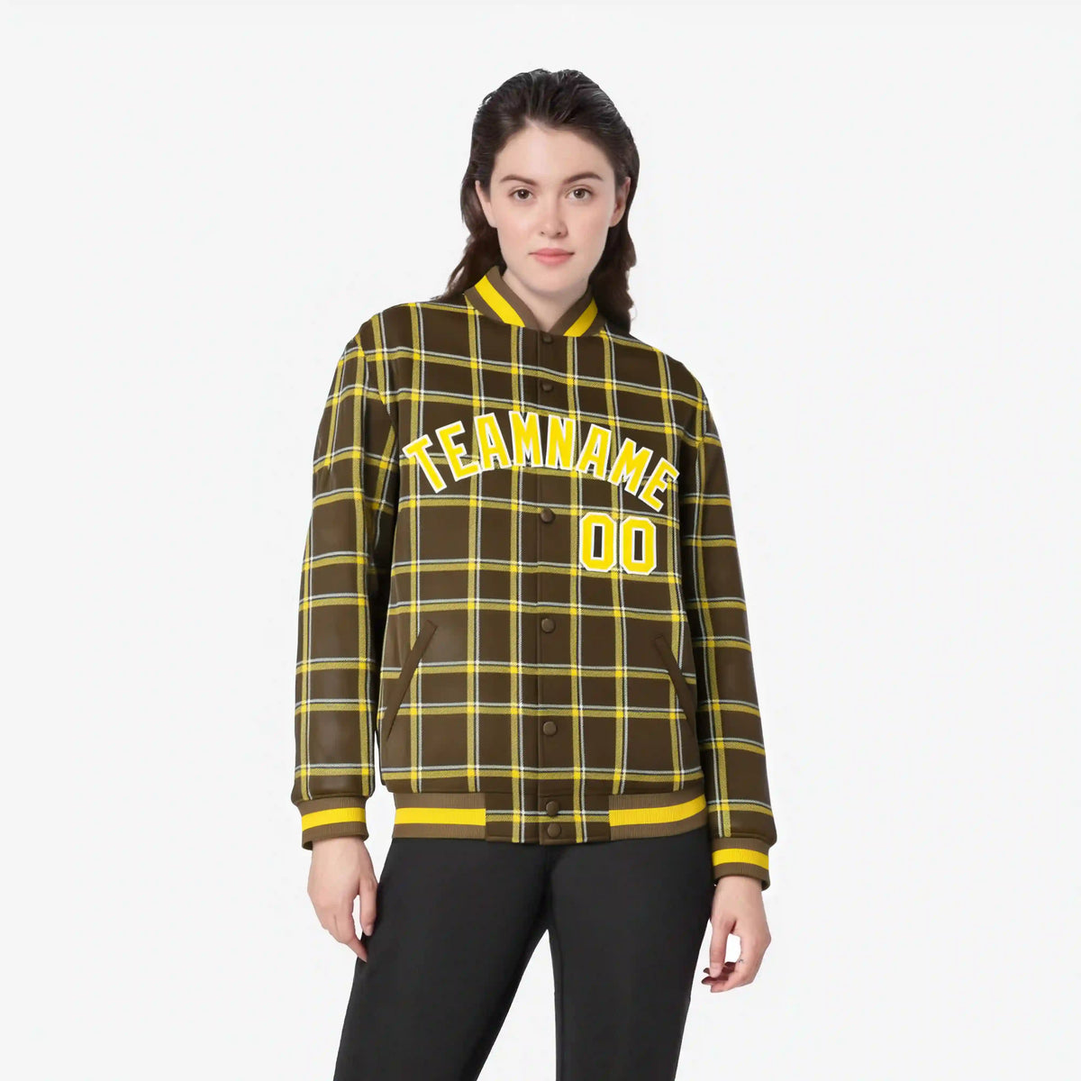 Custom Light Brown-Gold Varsity Full-Snap Plaid Pattern Letterman Baseball Jacket