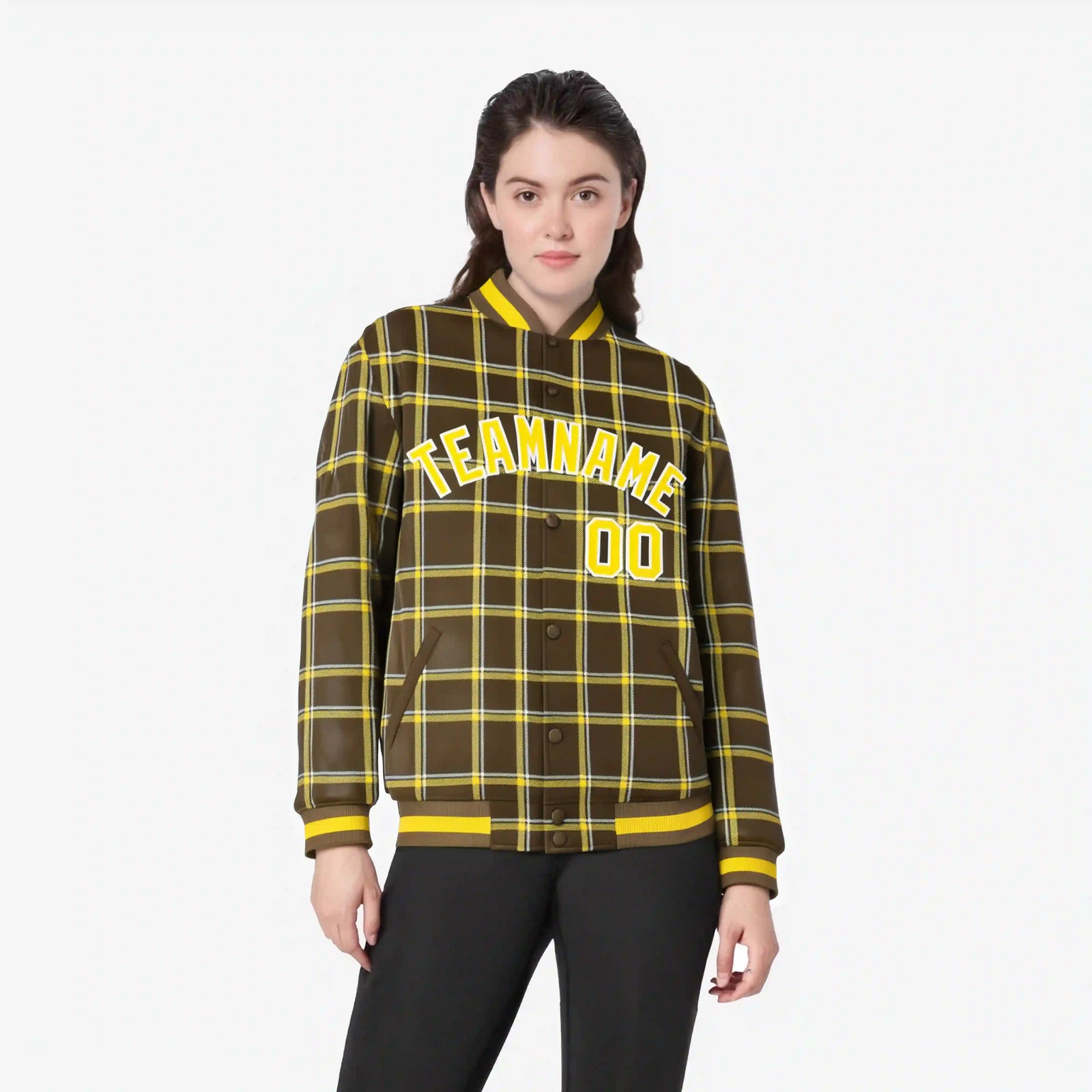 Custom Light Brown-Gold Varsity Full-Snap Plaid Pattern Letterman Baseball Jacket