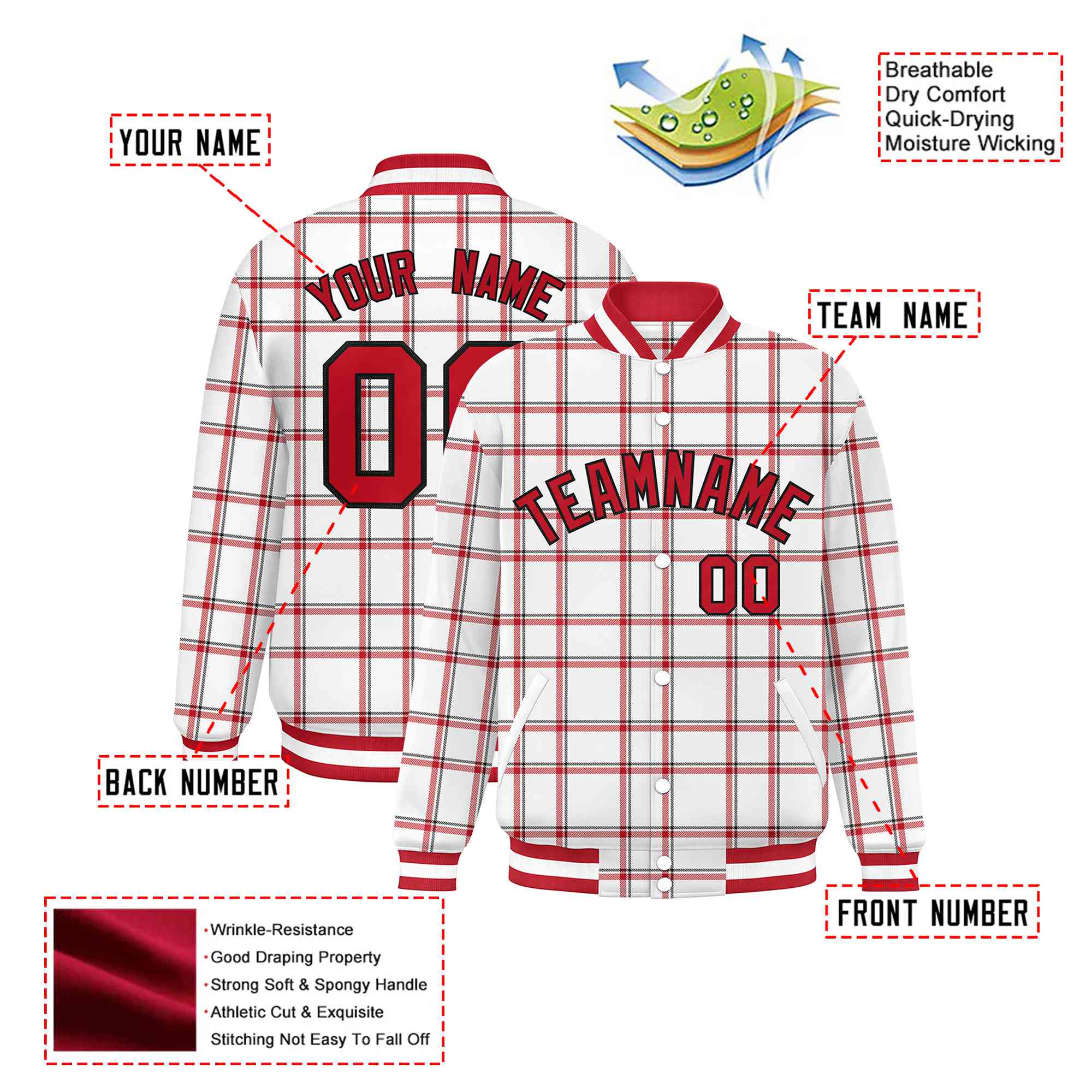 Custom White-Red Varsity Full-Snap Plaid Pattern Letterman Baseball Jacket