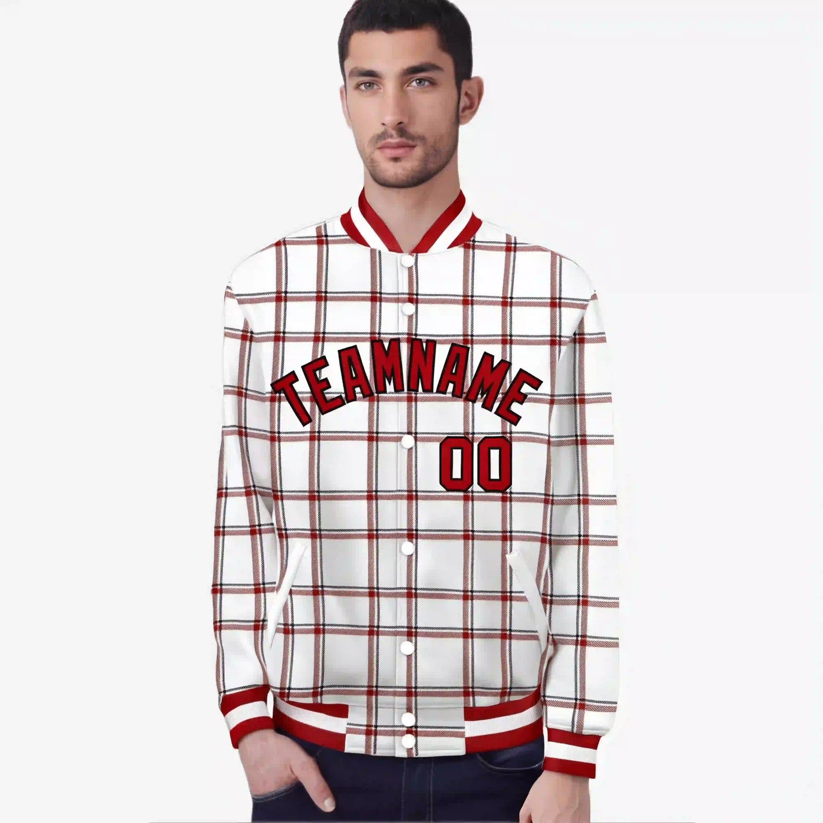 Custom White-Red Varsity Full-Snap Plaid Pattern Letterman Baseball Jacket