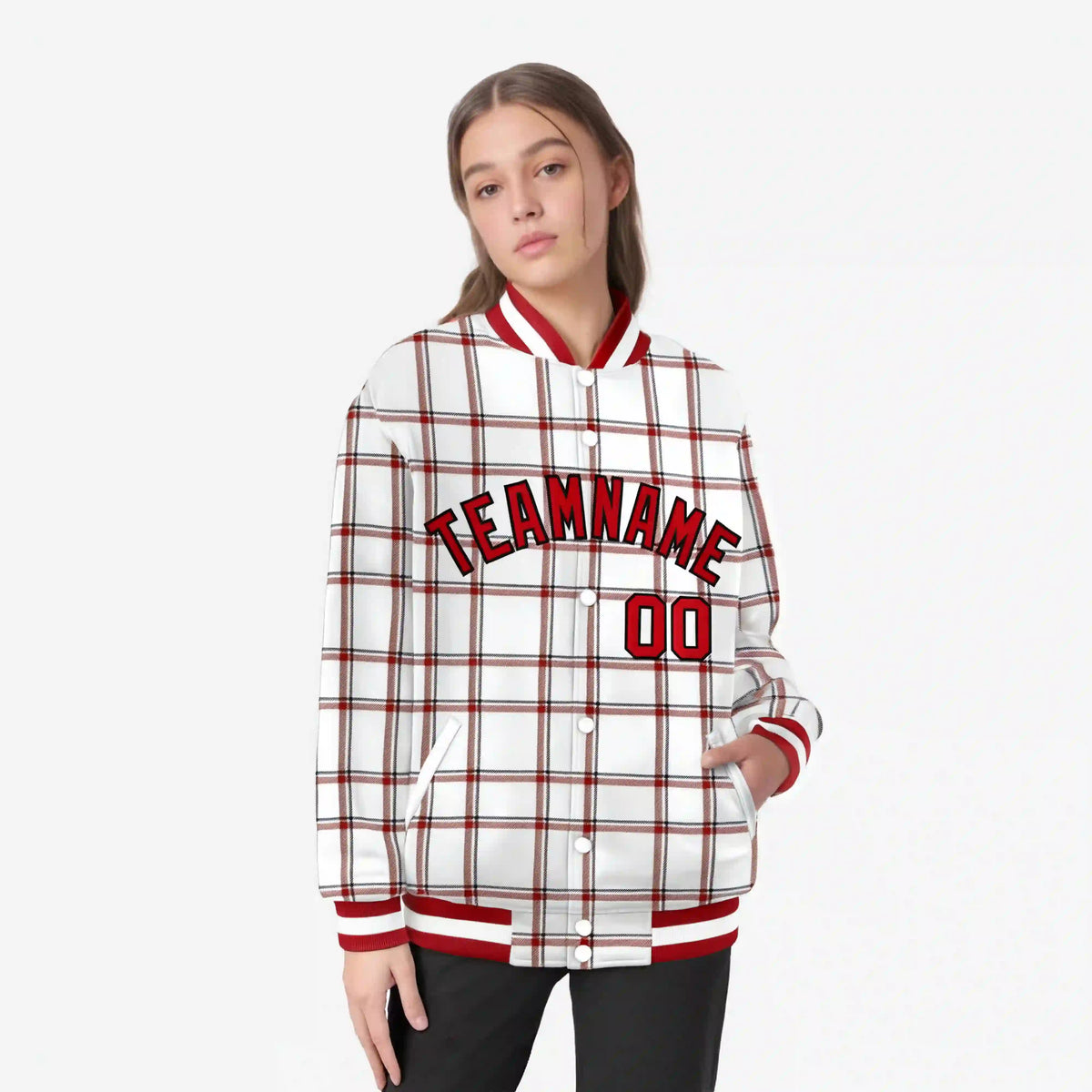 Custom White-Red Varsity Full-Snap Plaid Pattern Letterman Baseball Jacket