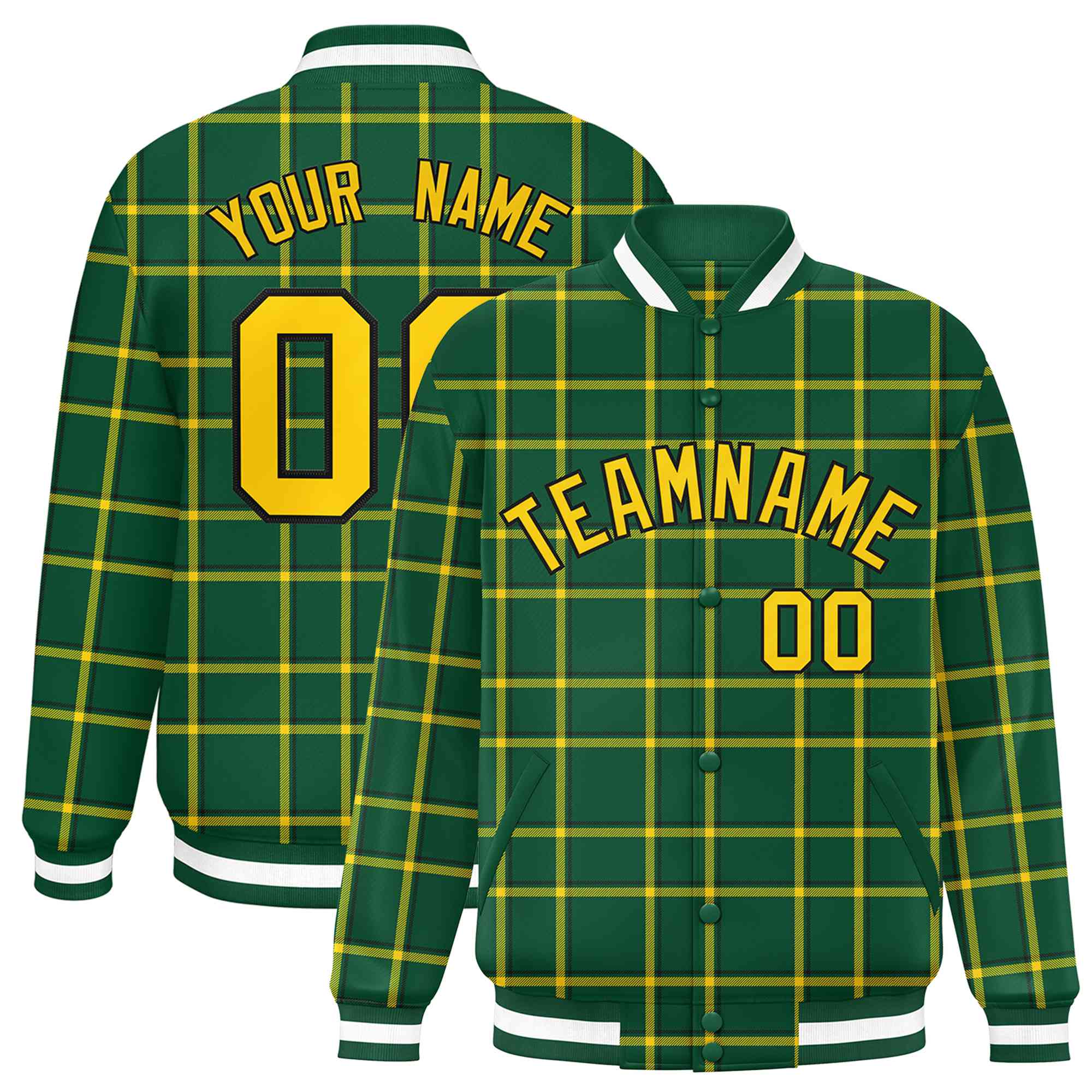 Custom Green-Gold Varsity Full-Snap Plaid Pattern Letterman Baseball Jacket