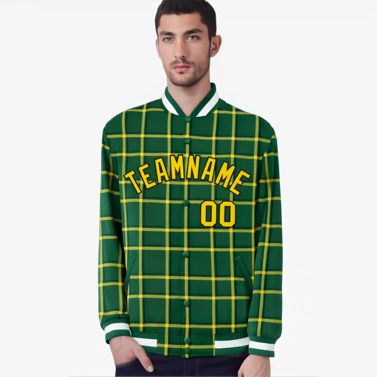 Custom Green-Gold Varsity Full-Snap Plaid Pattern Letterman Baseball Jacket
