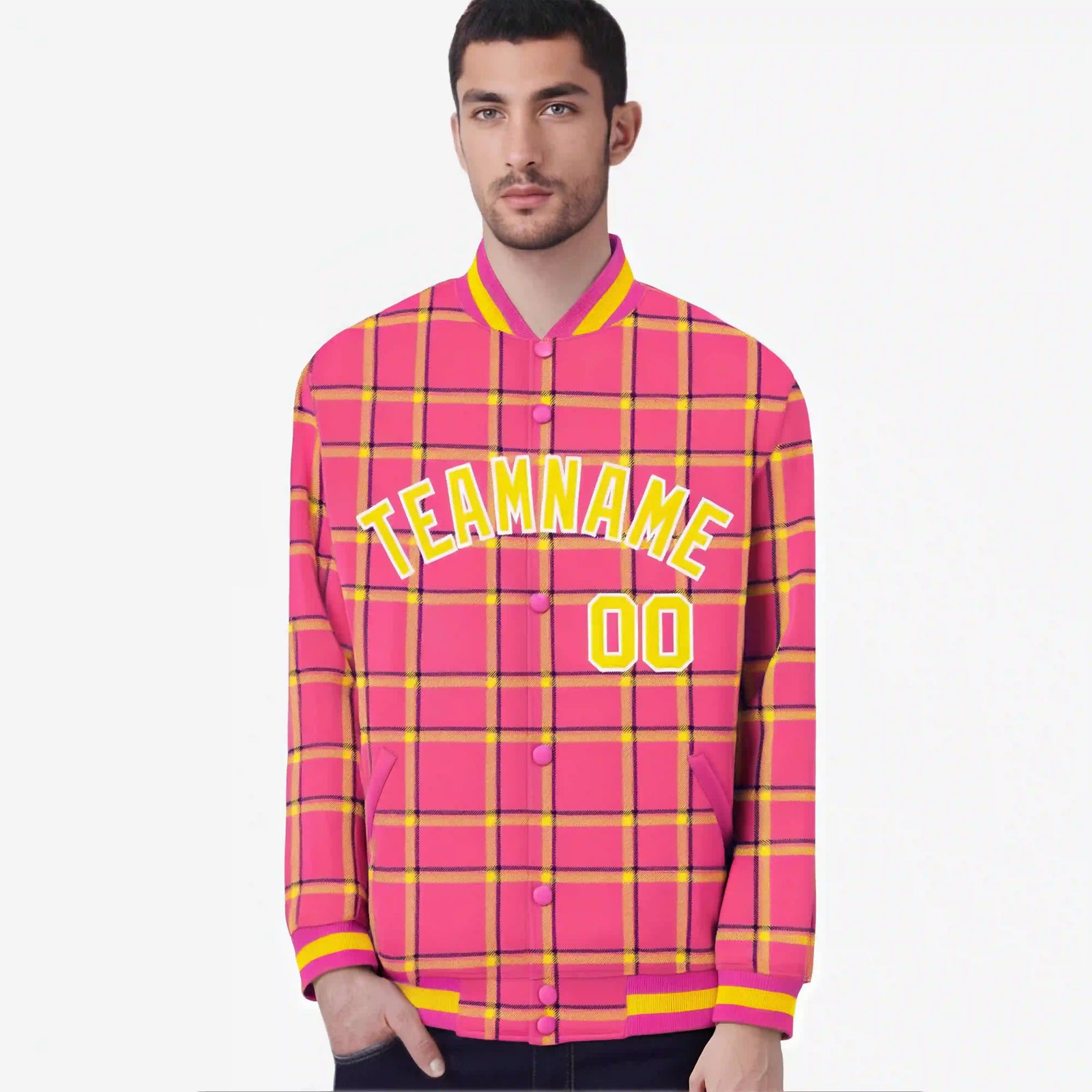 Custom Pink-Gold Varsity Full-Snap Plaid Pattern Letterman Baseball Jacket