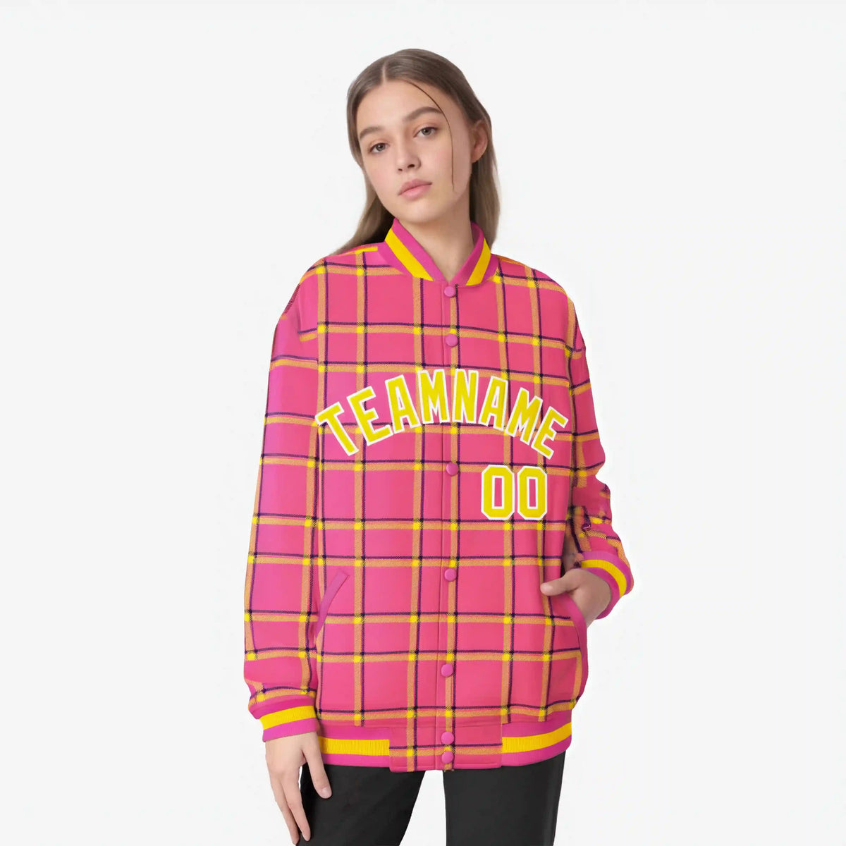 Custom Pink-Gold Varsity Full-Snap Plaid Pattern Letterman Baseball Jacket