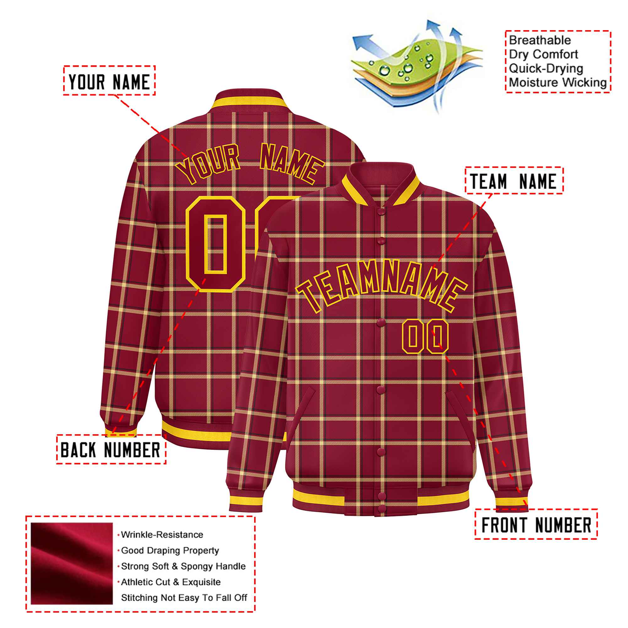 Custom Crimson-Gold Varsity Full-Snap Plaid Pattern Letterman Baseball Jacket