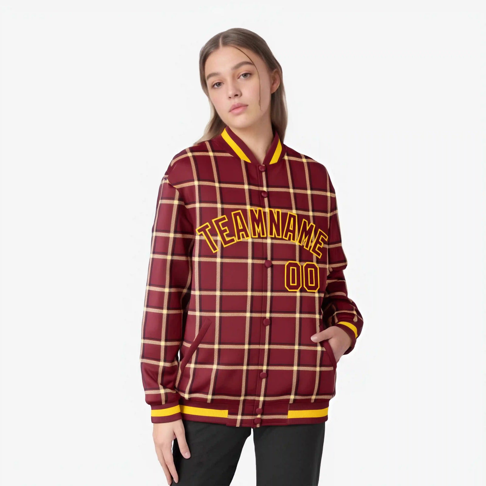 Custom Crimson-Gold Varsity Full-Snap Plaid Pattern Letterman Baseball Jacket