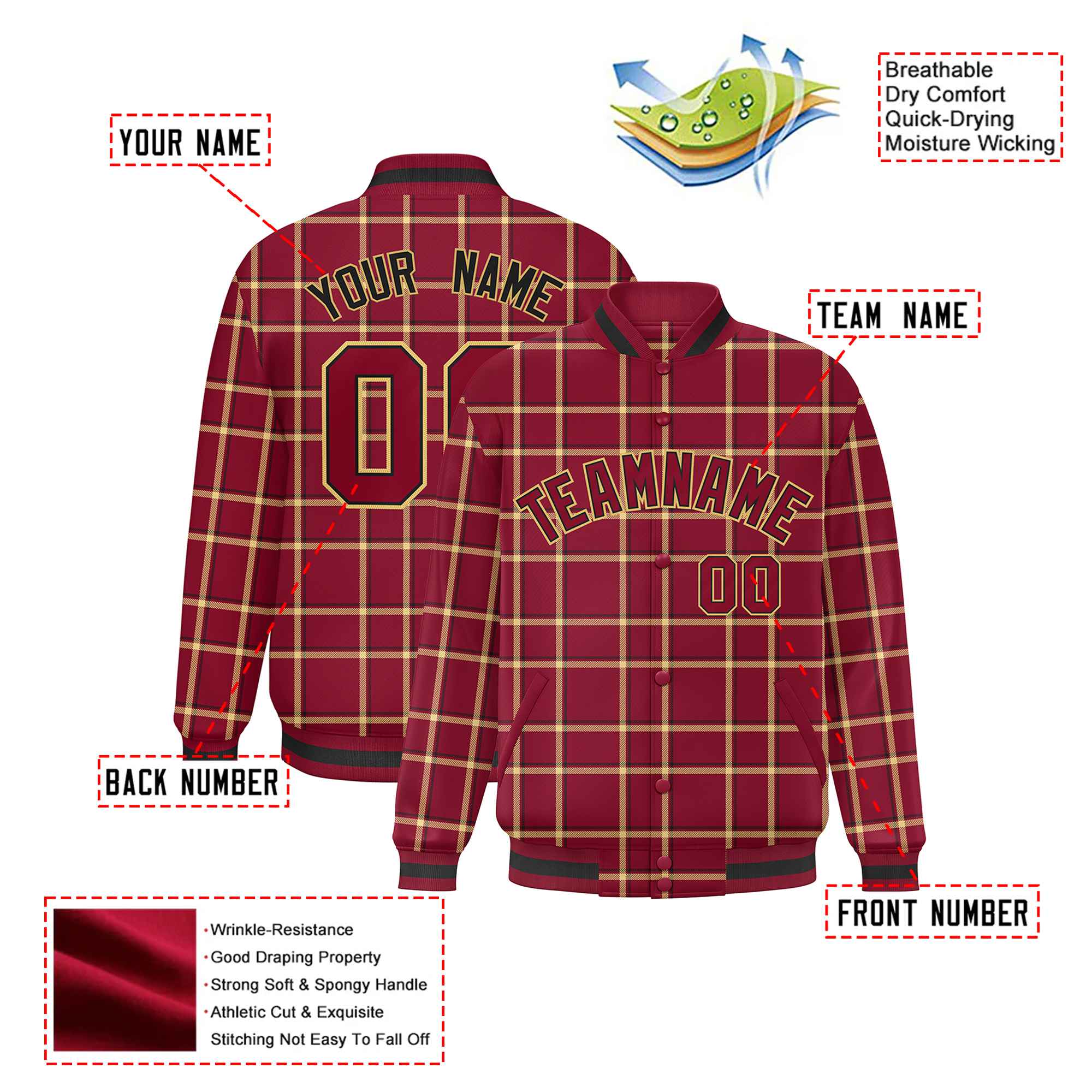 Custom Crimson-Gold Varsity Full-Snap Plaid Pattern Letterman Baseball Jacket