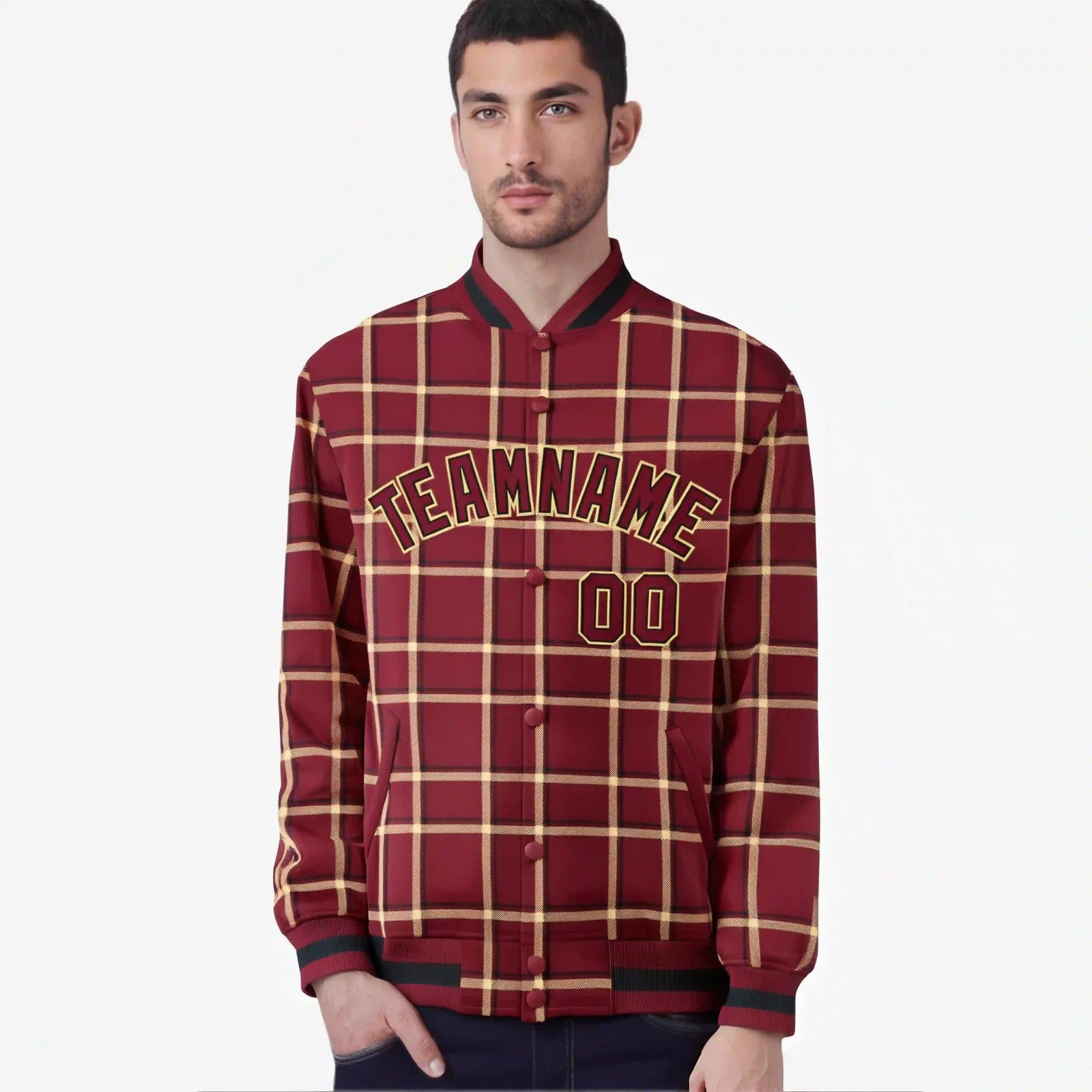 Custom Crimson-Gold Varsity Full-Snap Plaid Pattern Letterman Baseball Jacket