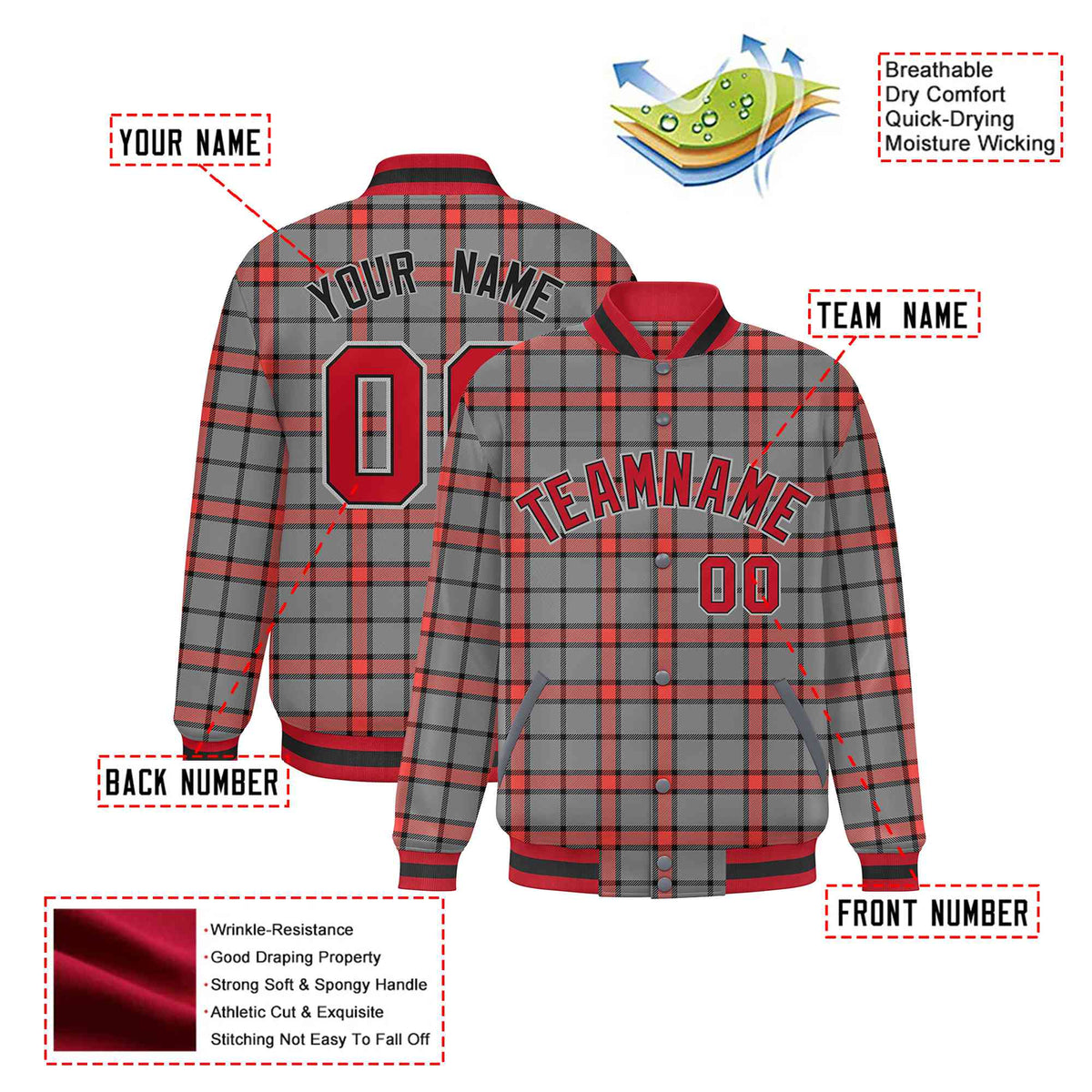 Custom Gray-Red Varsity Full-Snap Plaid Pattern Letterman Baseball Jacket
