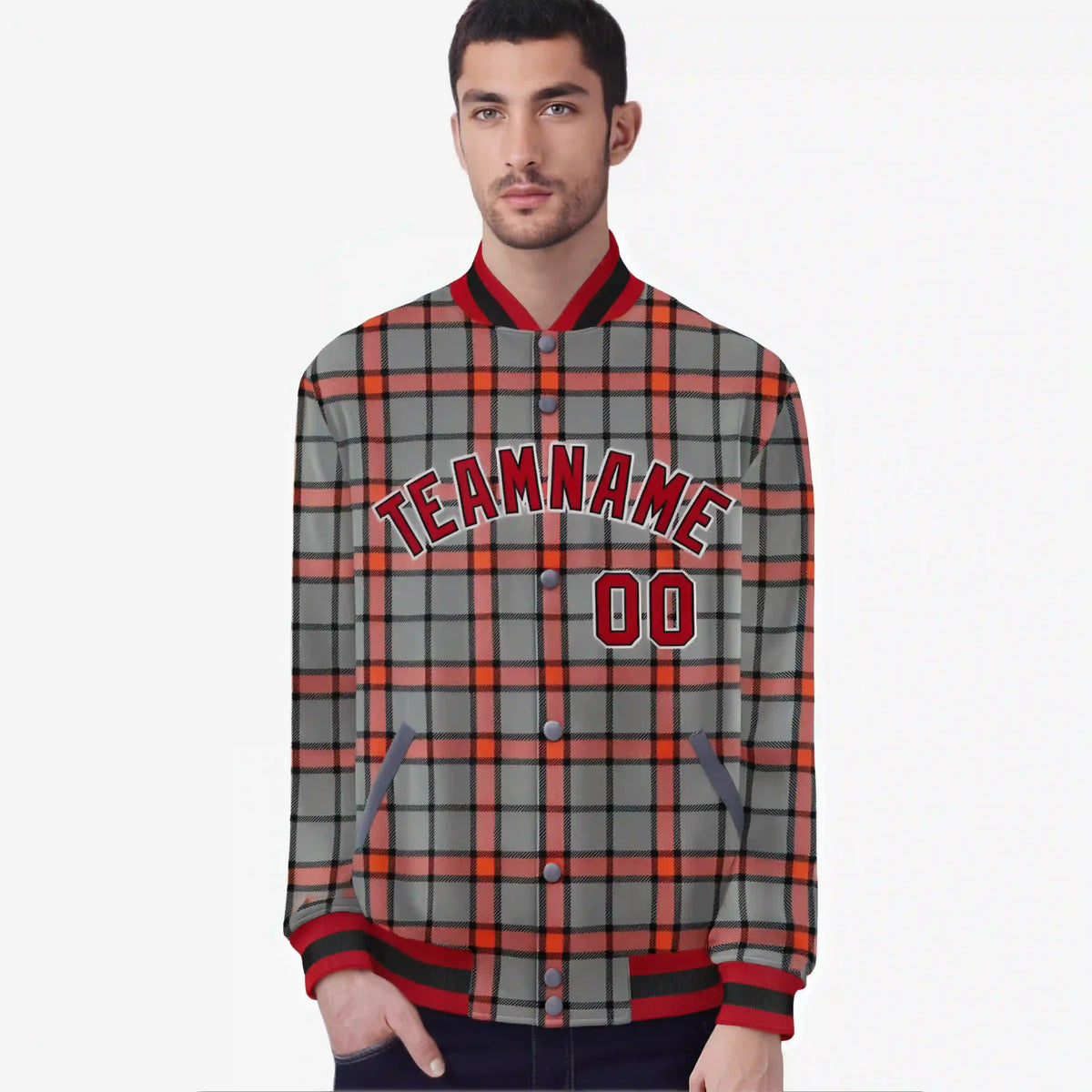 Custom Gray-Red Varsity Full-Snap Plaid Pattern Letterman Baseball Jacket