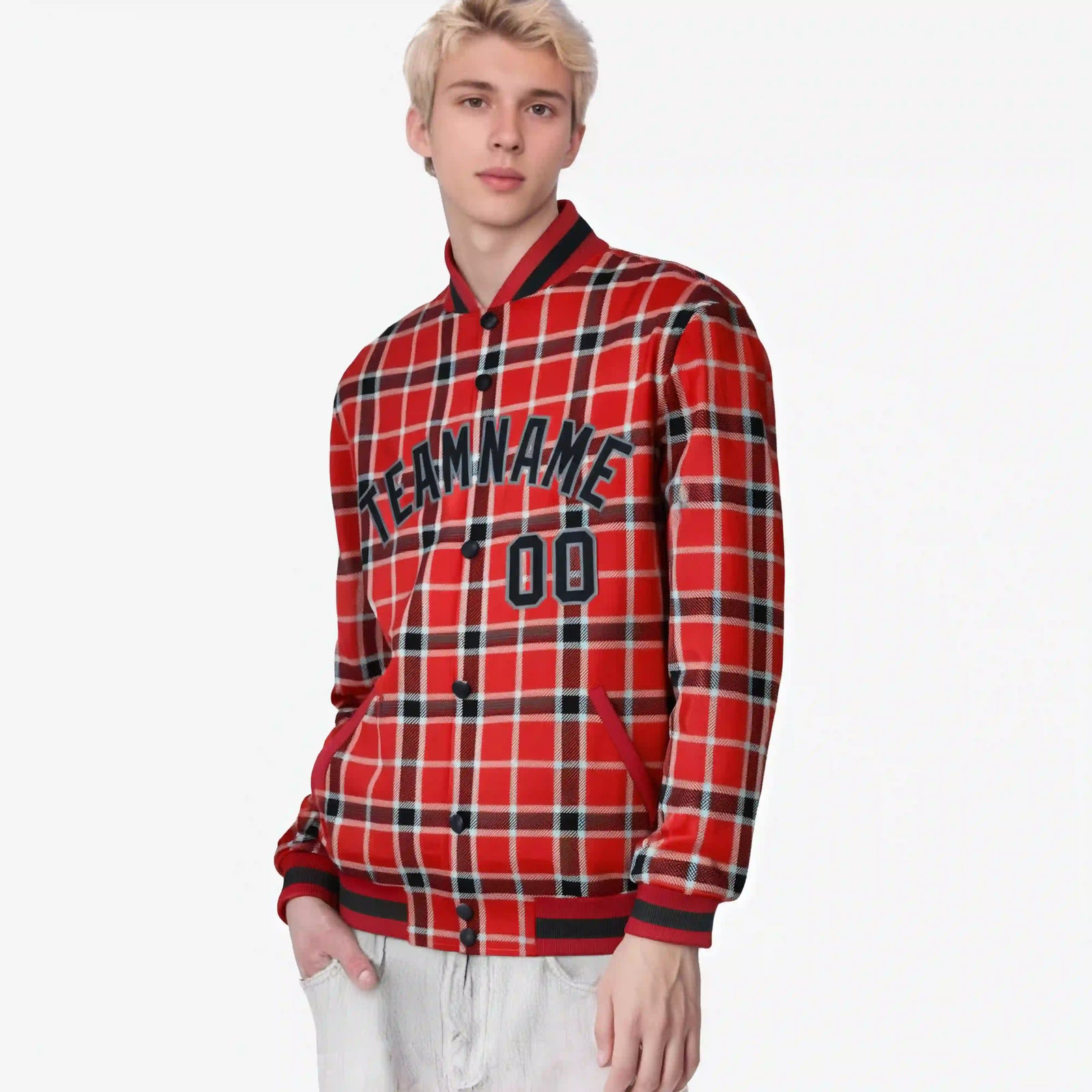 Custom Red-Crimson Varsity Full-Snap Plaid Pattern Letterman Baseball Jacket