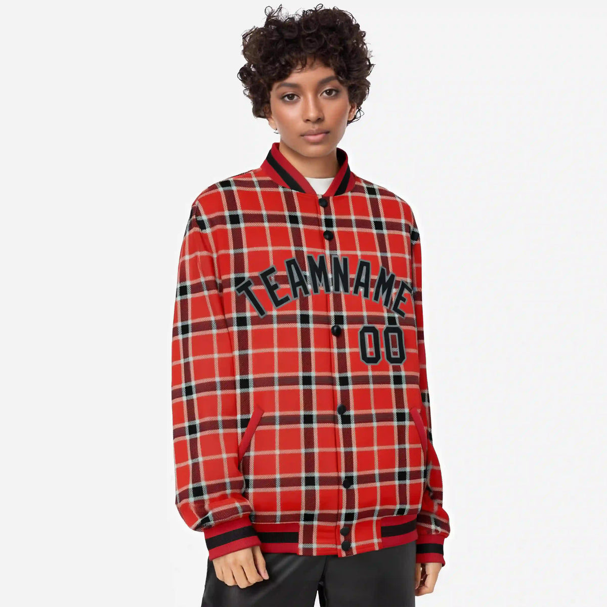 Custom Red-Crimson Varsity Full-Snap Plaid Pattern Letterman Baseball Jacket