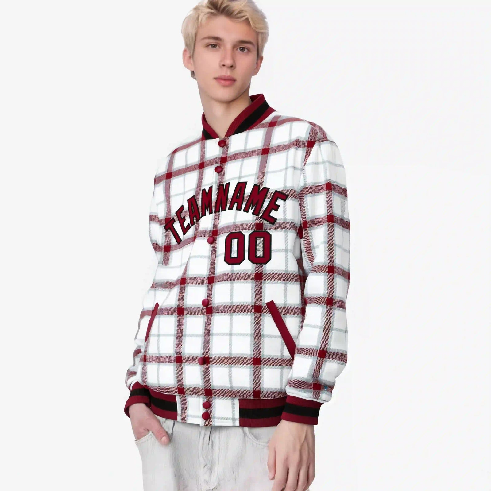Custom White-Crimson Varsity Full-Snap Plaid Pattern Letterman Baseball Jacket