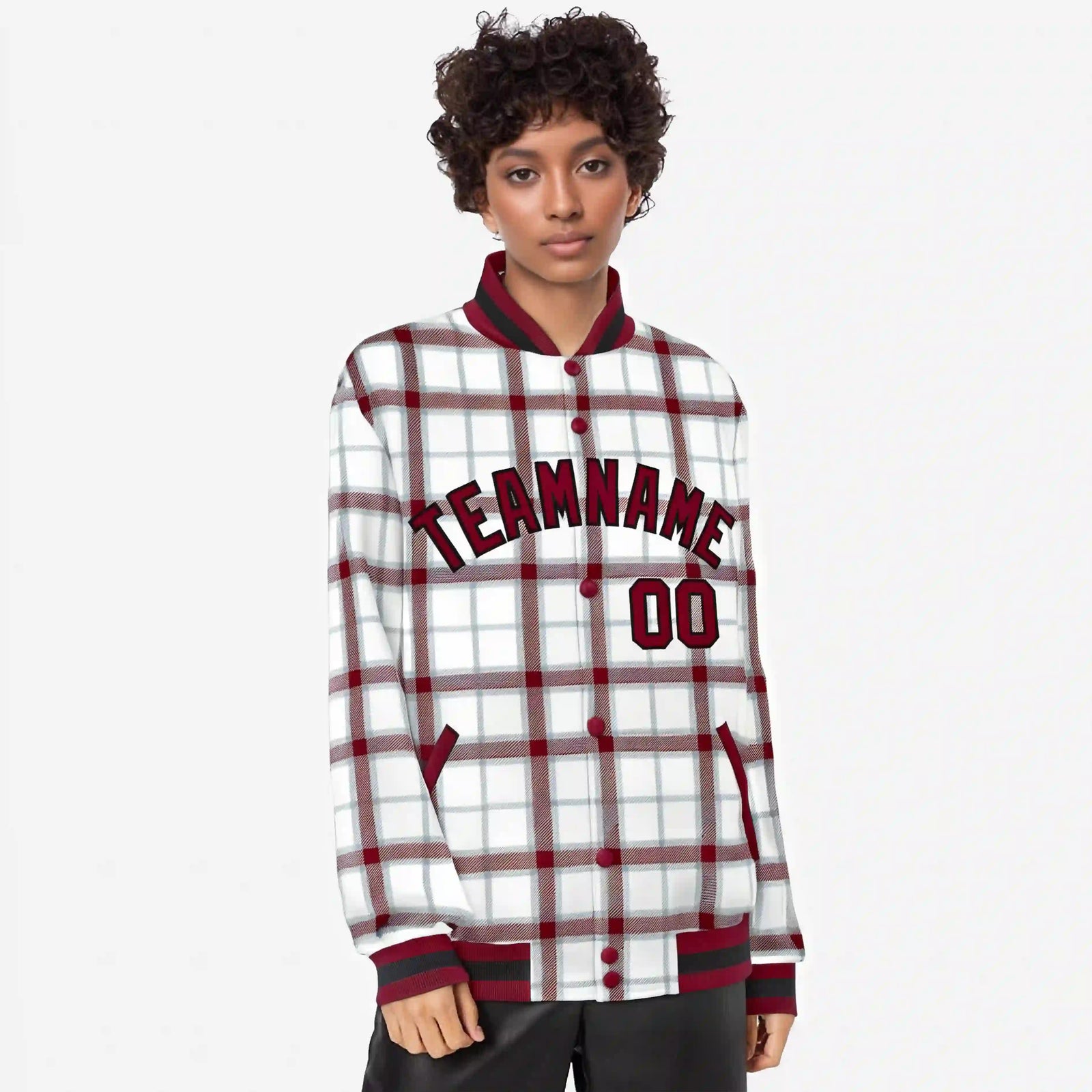 Custom White-Crimson Varsity Full-Snap Plaid Pattern Letterman Baseball Jacket