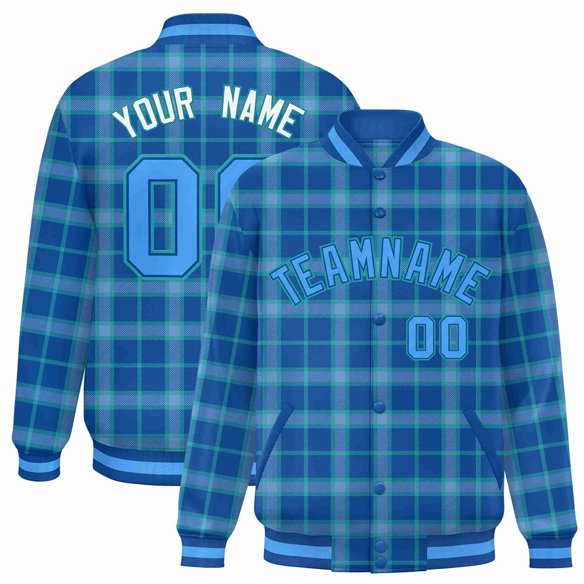 Custom Royal Blue Varsity Full-Snap Plaid Pattern Letterman Baseball Jacket