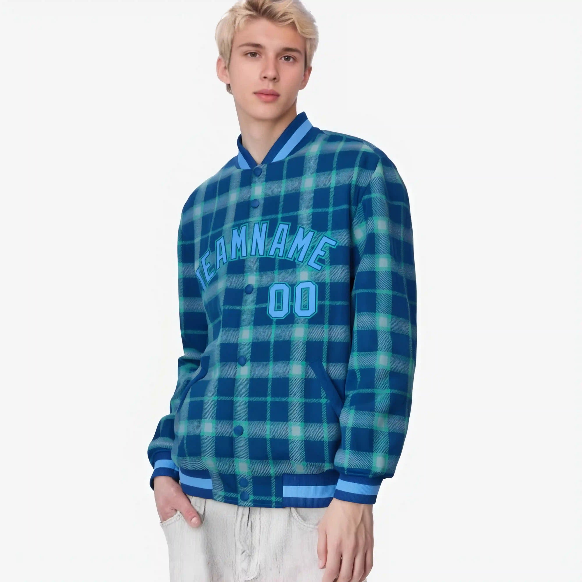 Custom Royal Blue Varsity Full-Snap Plaid Pattern Letterman Baseball Jacket