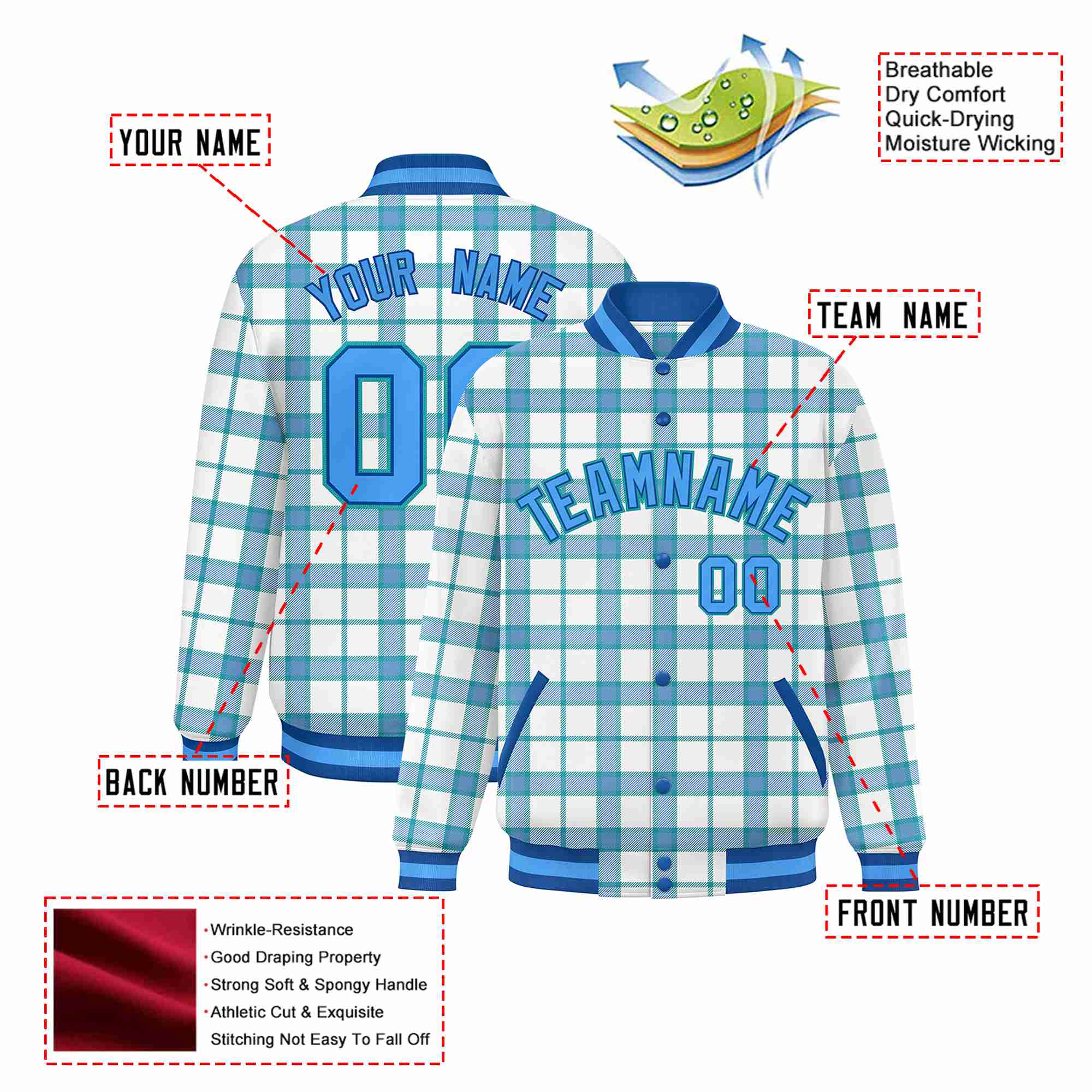 Custom Cream-Light Blue Varsity Full-Snap Plaid Pattern Letterman Baseball Jacket