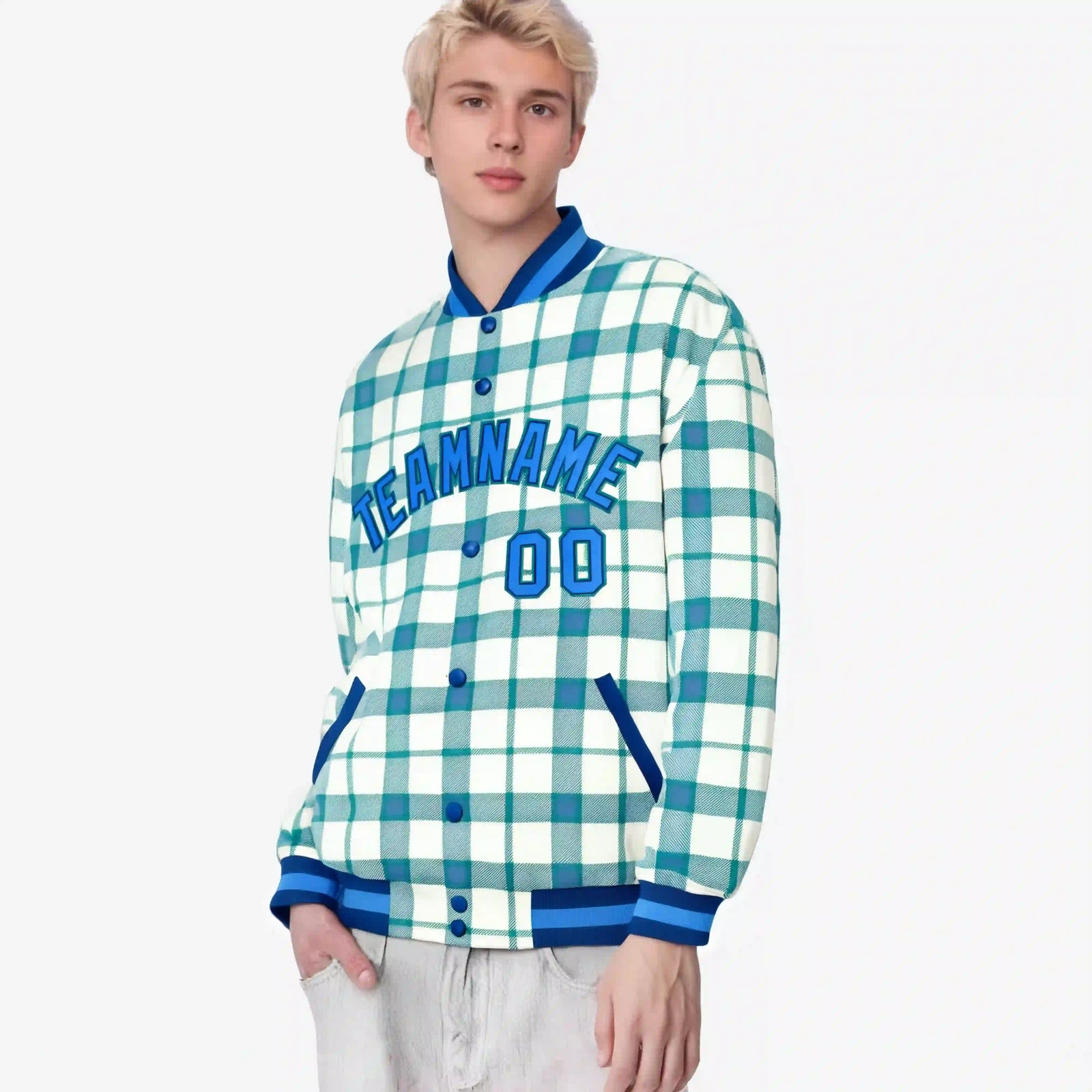 Custom Cream-Light Blue Varsity Full-Snap Plaid Pattern Letterman Baseball Jacket