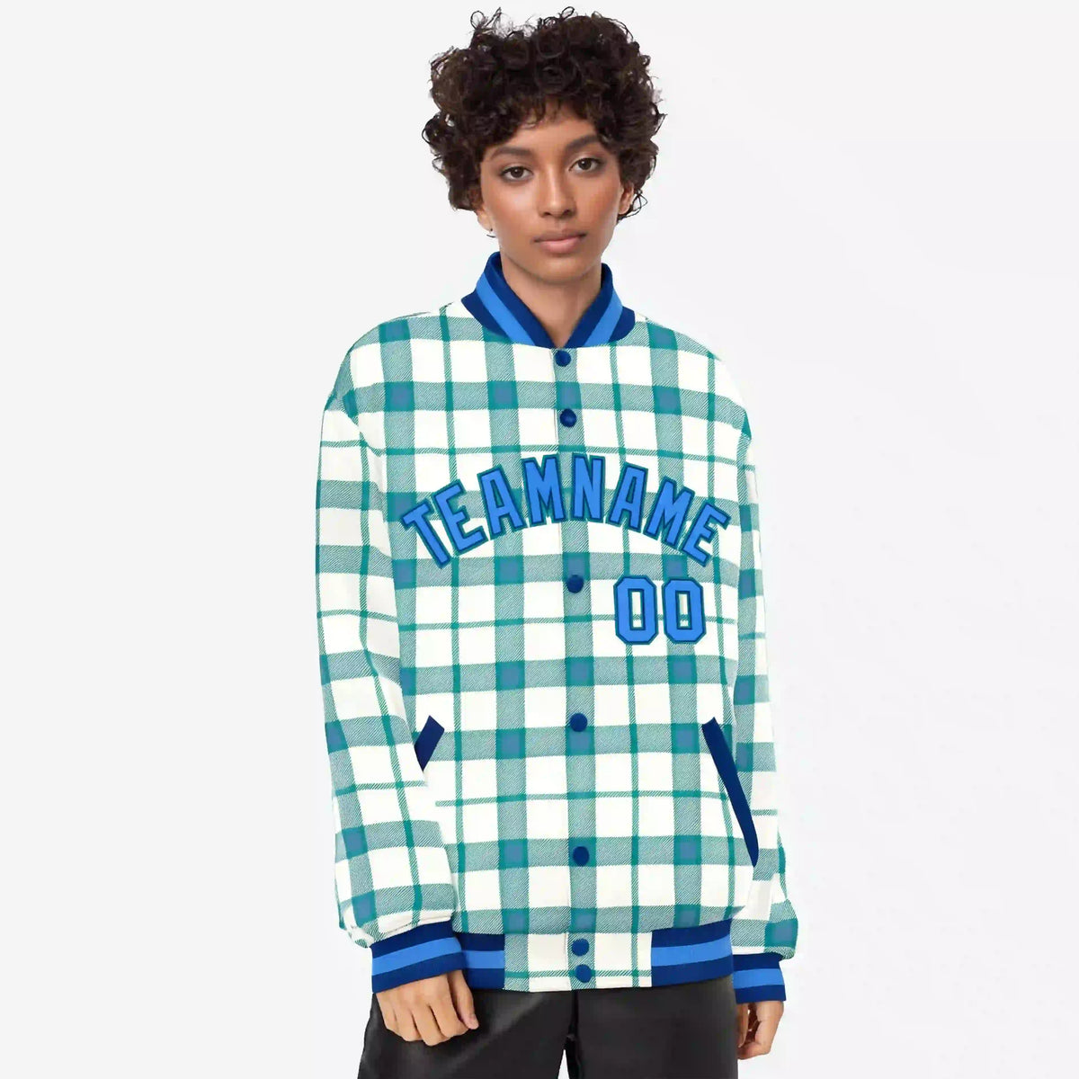 Custom Cream-Light Blue Varsity Full-Snap Plaid Pattern Letterman Baseball Jacket