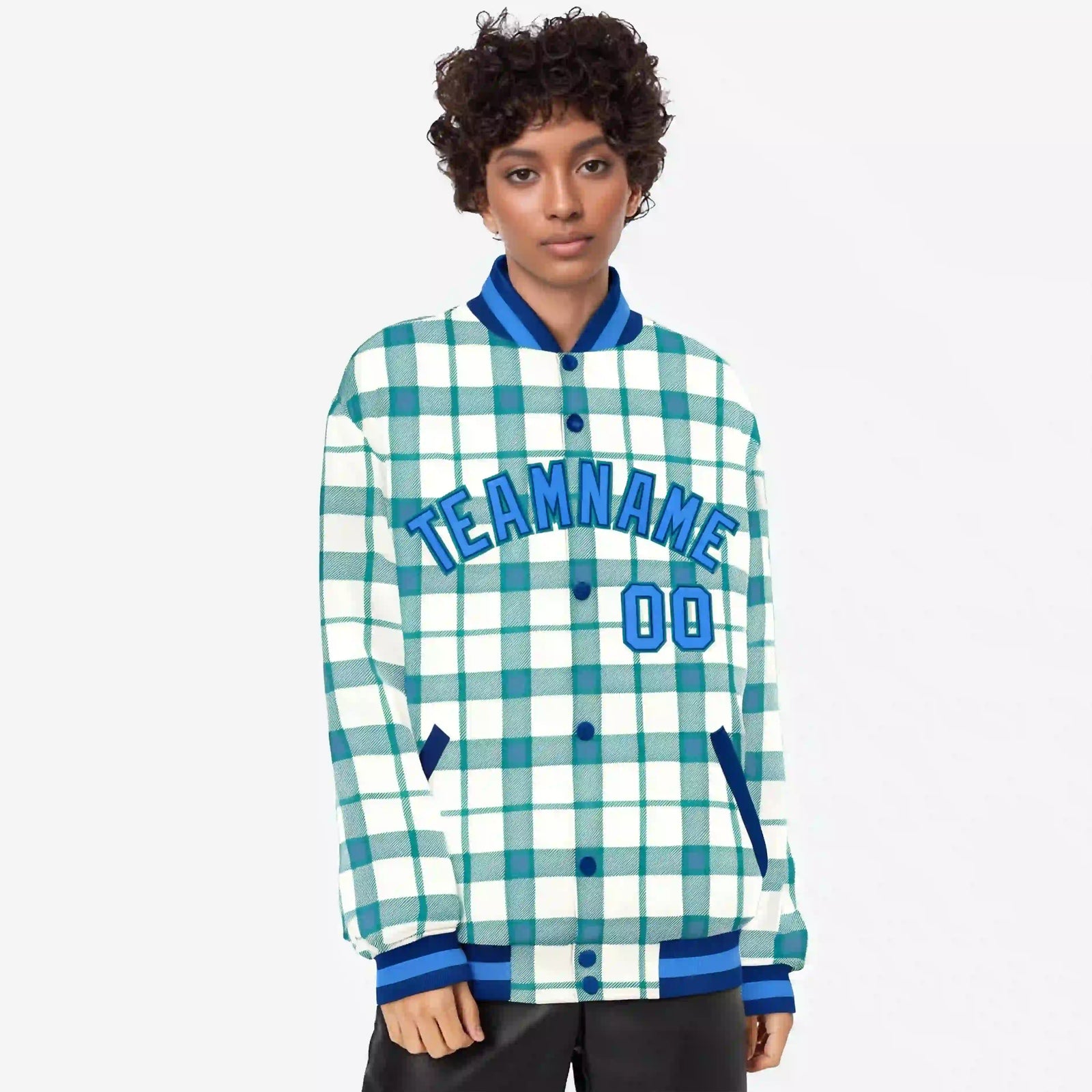 Custom Cream-Light Blue Varsity Full-Snap Plaid Pattern Letterman Baseball Jacket