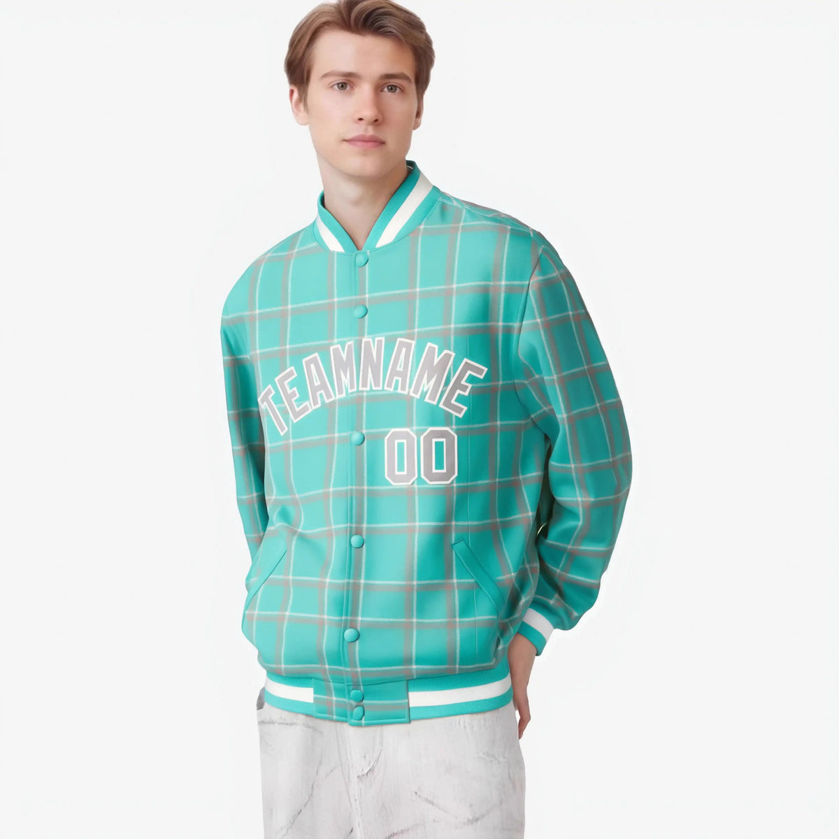 Custom Aqua-Gray Varsity Full-Snap Plaid Pattern Letterman Baseball Jacket