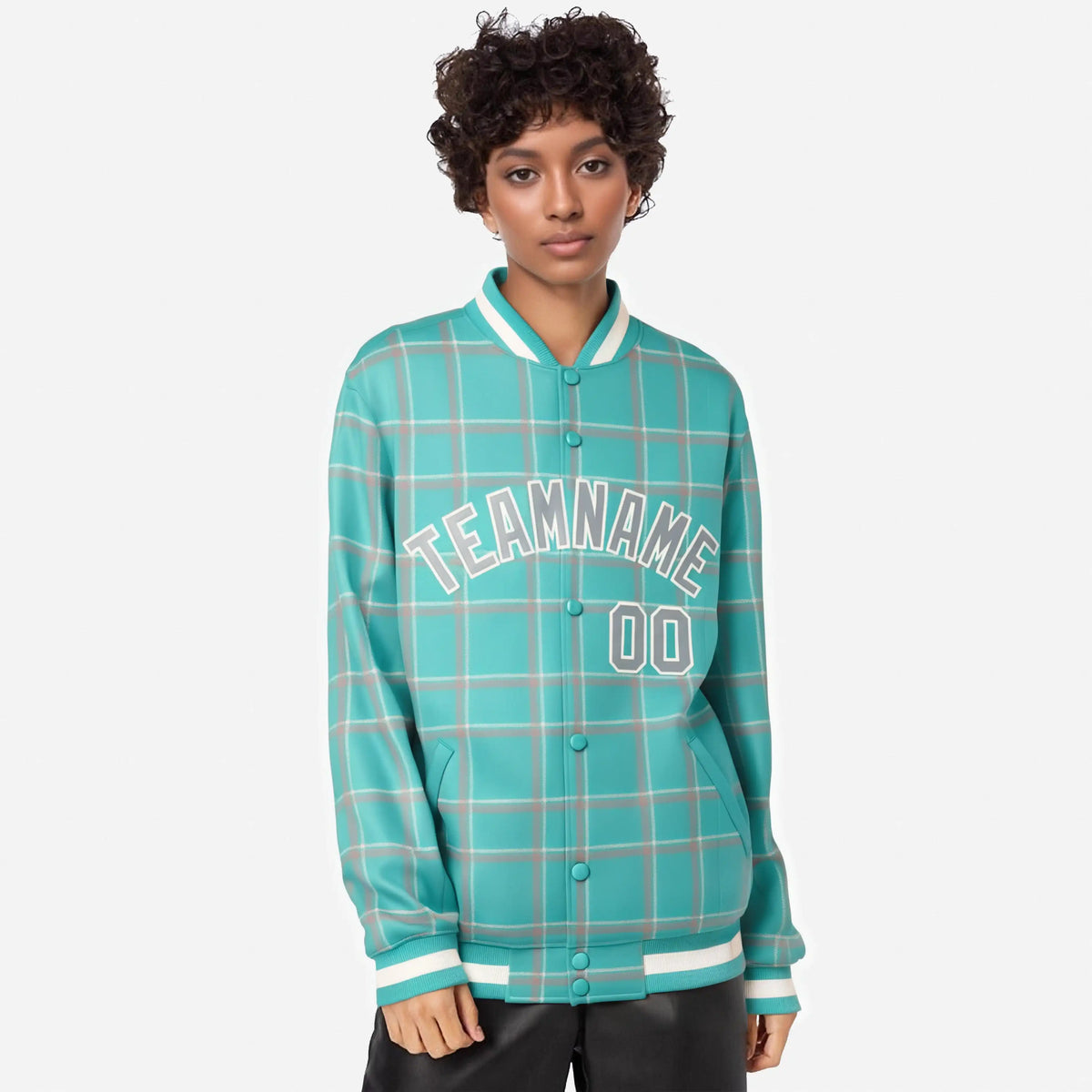 Custom Aqua-Gray Varsity Full-Snap Plaid Pattern Letterman Baseball Jacket