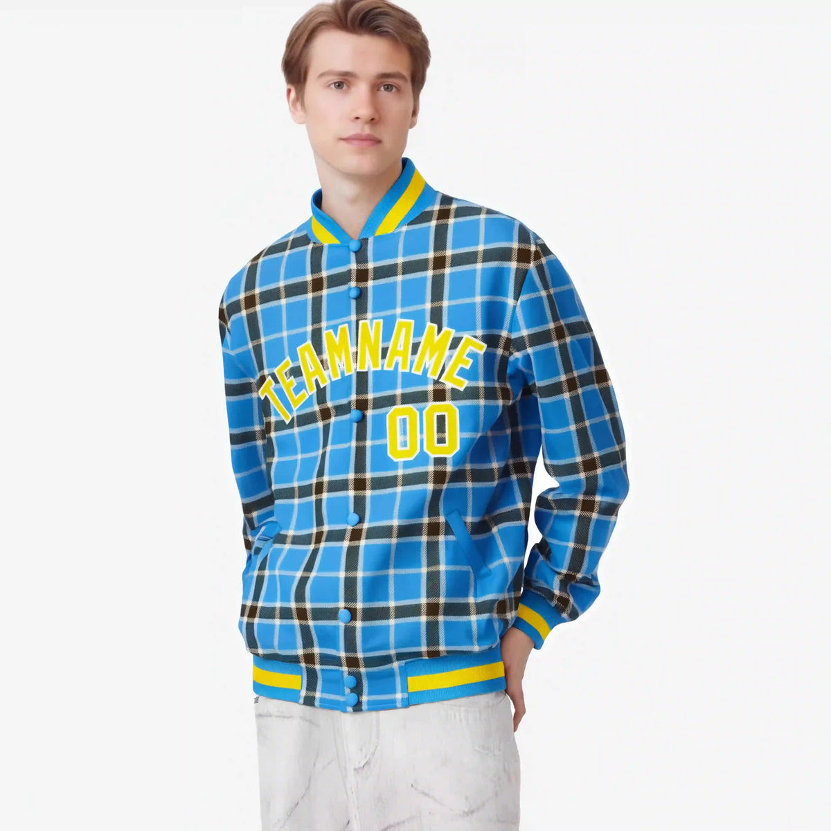 Custom Powder Blue-Dark Gray Varsity Full-Snap Plaid Pattern Letterman Baseball Jacket