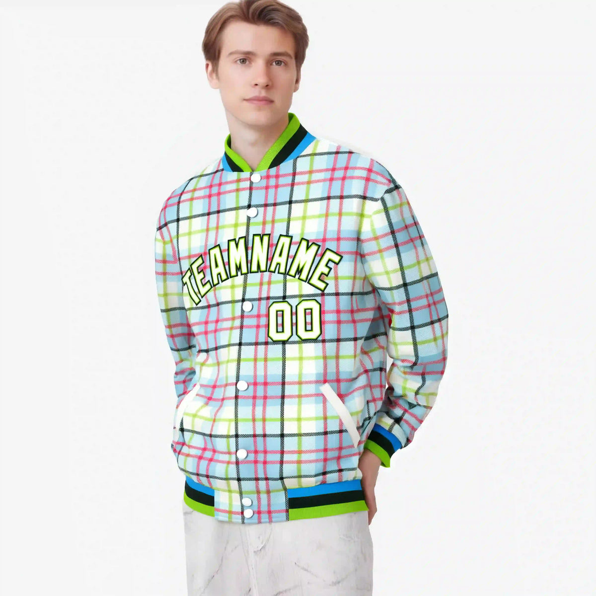 Custom Cream Neon Green-Red Varsity Full-Snap Plaid Pattern Letterman Baseball Jacket