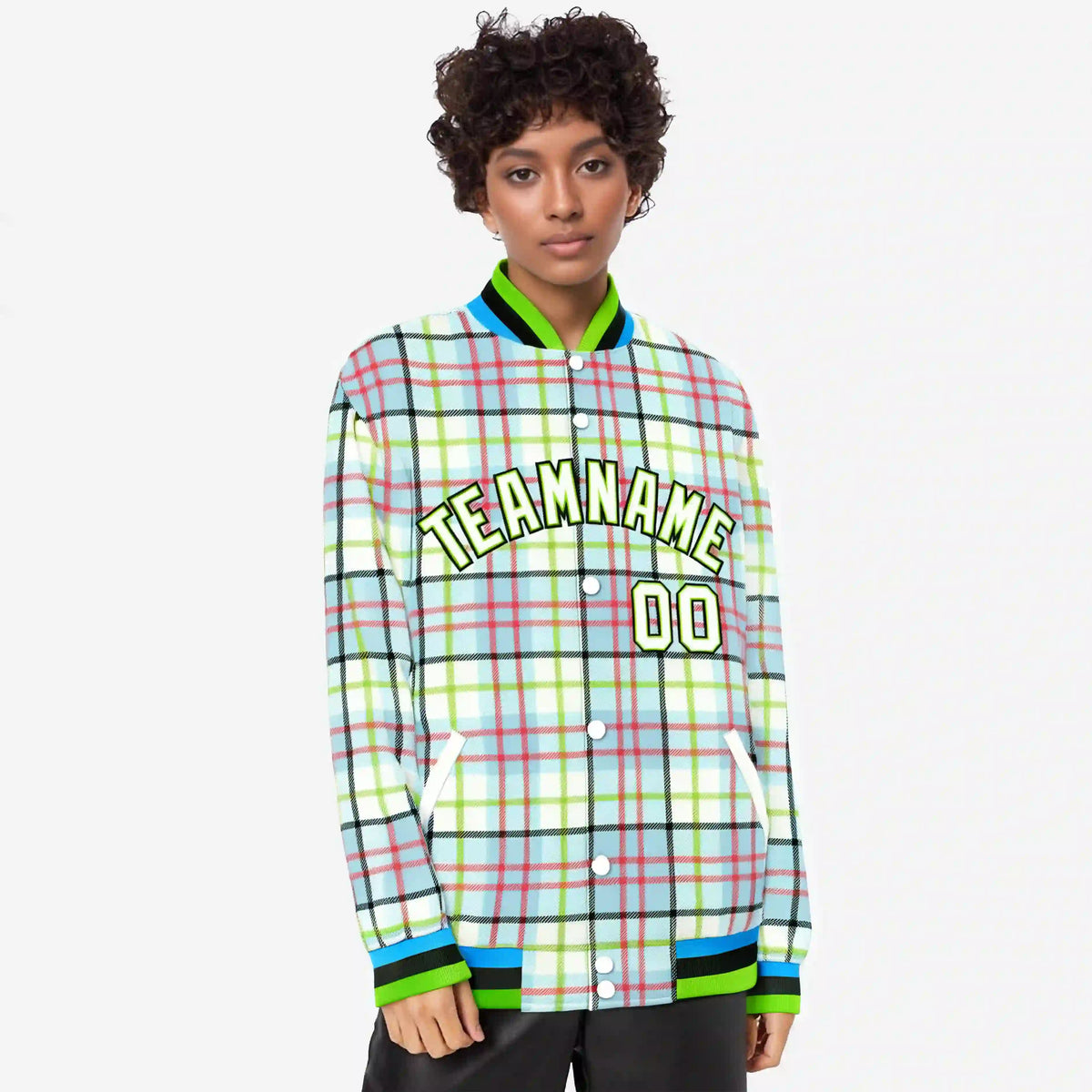 Custom Cream Neon Green-Red Varsity Full-Snap Plaid Pattern Letterman Baseball Jacket
