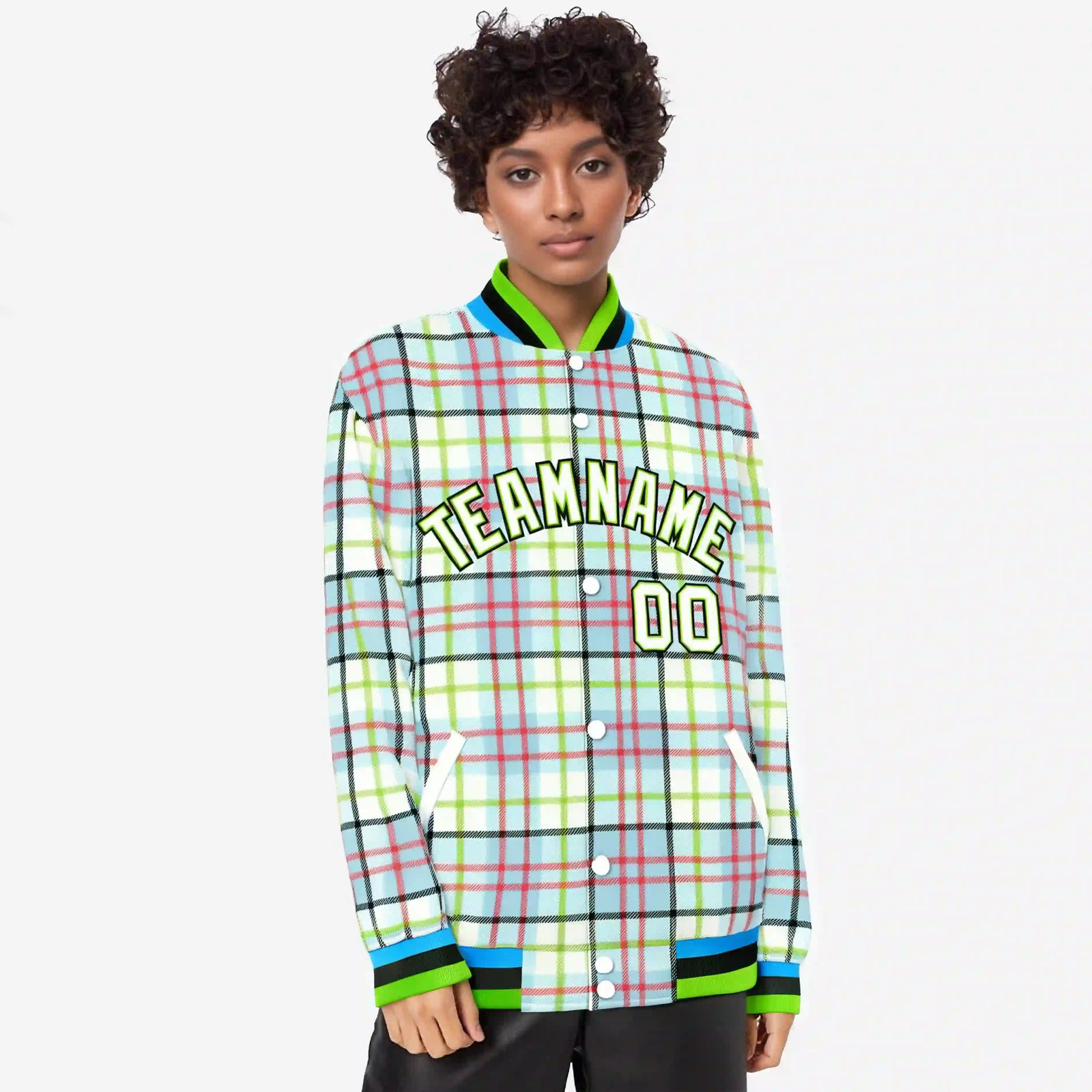 Custom Cream Neon Green-Red Varsity Full-Snap Plaid Pattern Letterman Baseball Jacket