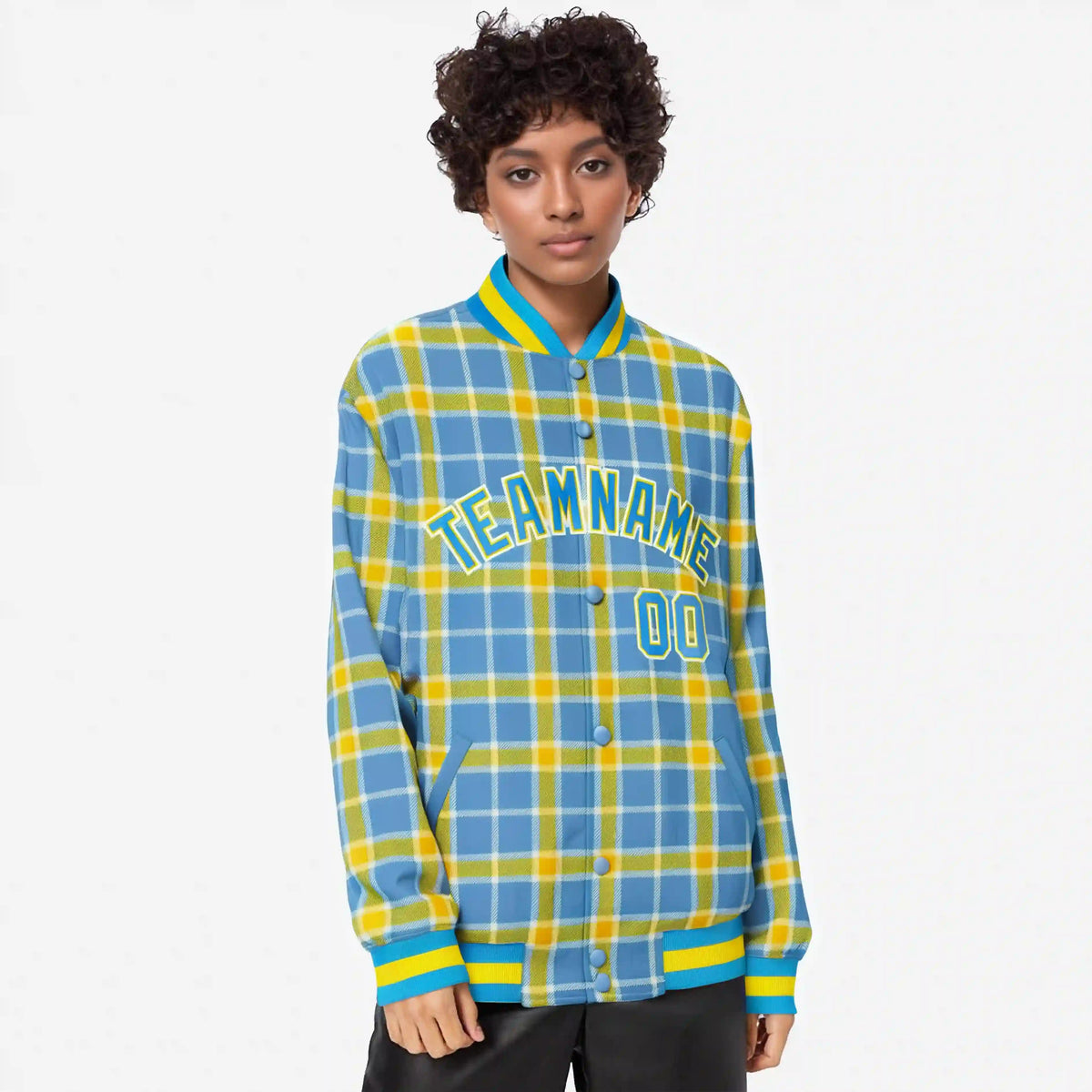 Custom Light Brown-Gold Varsity Full-Snap Plaid Pattern Letterman Baseball Jacket