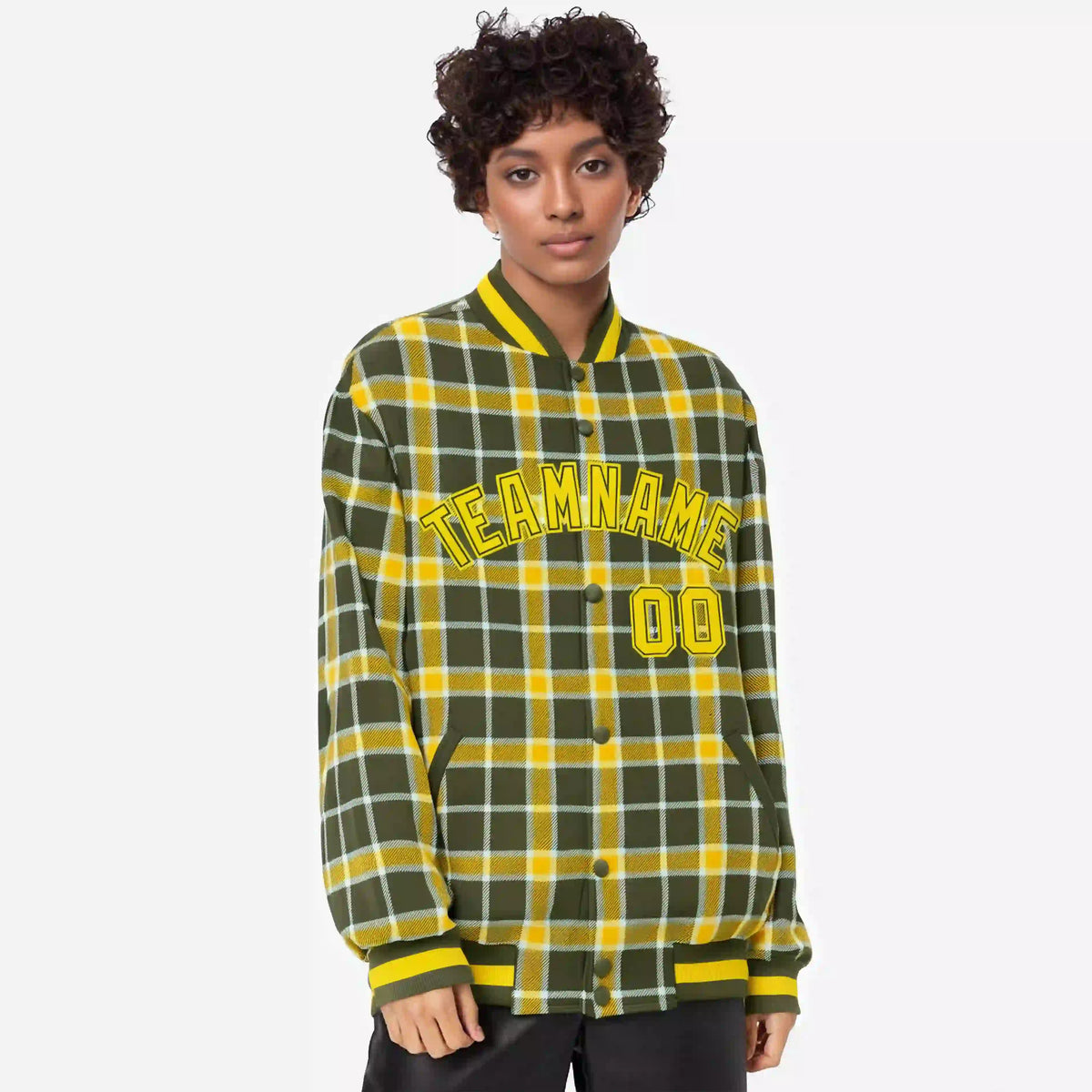 Custom Dark Gray-Gold Varsity Full-Snap Plaid Pattern Letterman Baseball Jacket