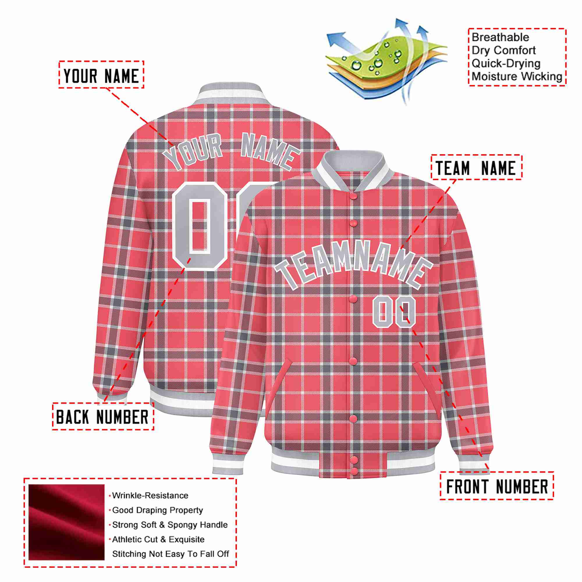 Custom Light Red-Crimson Varsity Full-Snap Plaid Pattern Letterman Baseball Jacket