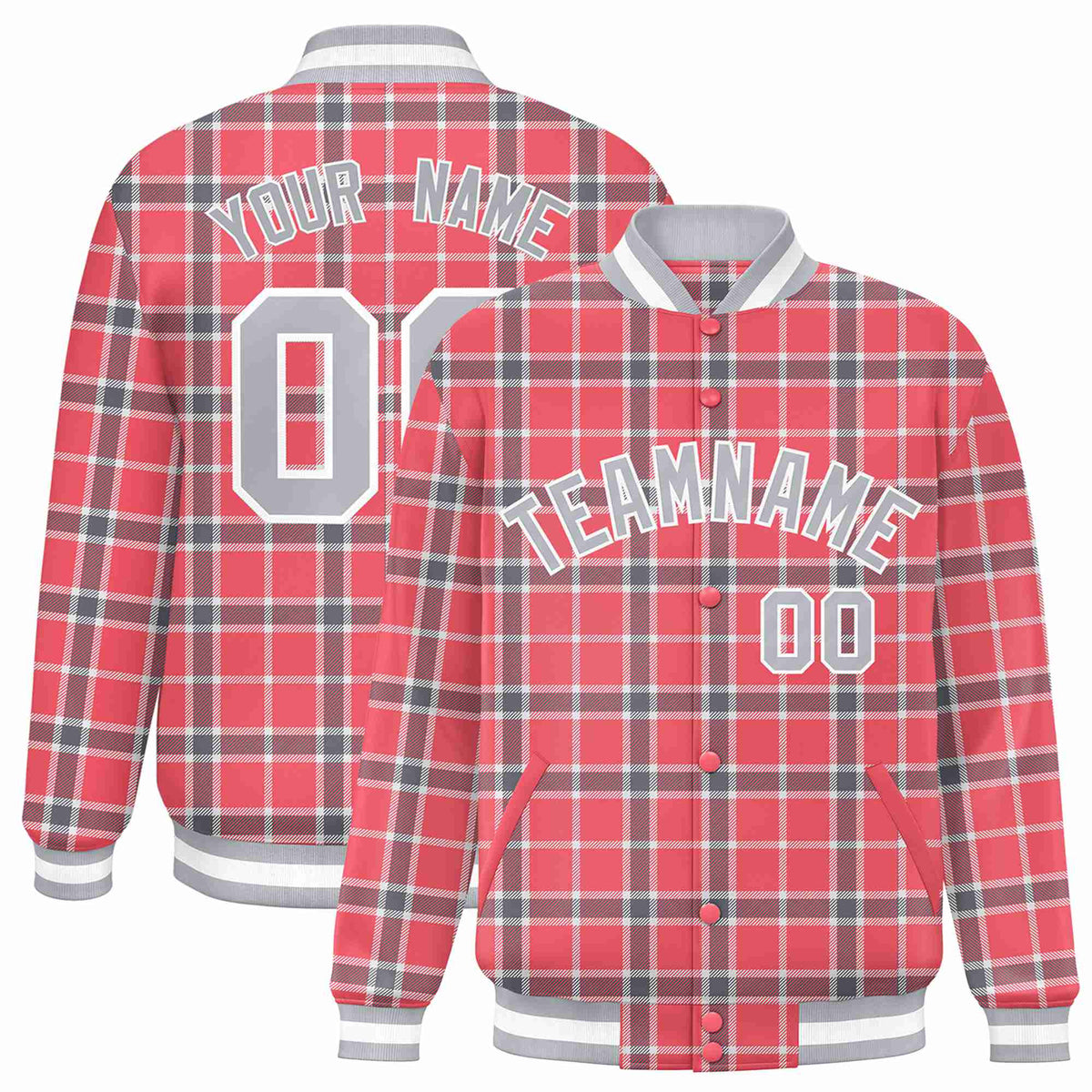 Custom Light Red-Crimson Varsity Full-Snap Plaid Pattern Letterman Baseball Jacket