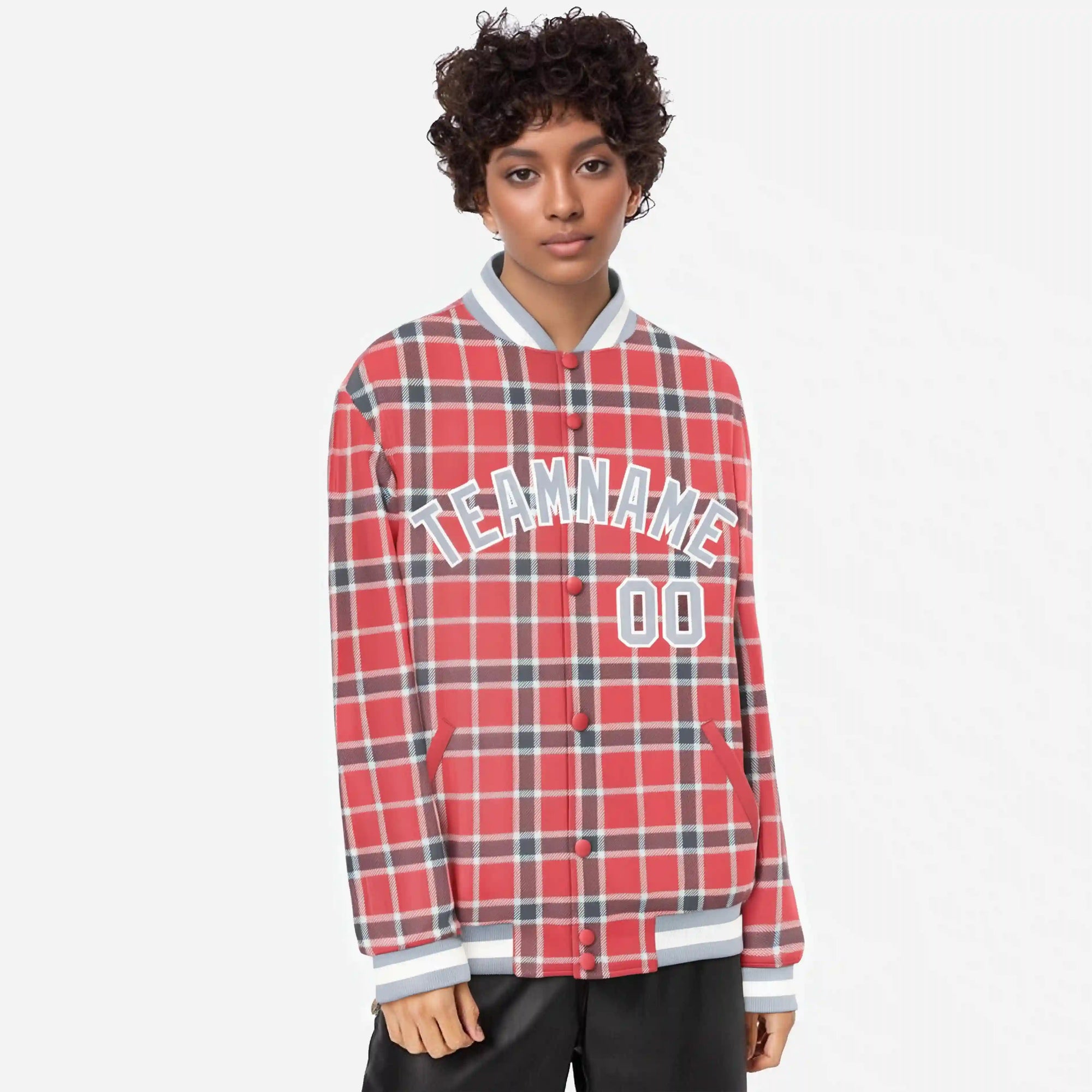 Custom Light Red-Crimson Varsity Full-Snap Plaid Pattern Letterman Baseball Jacket