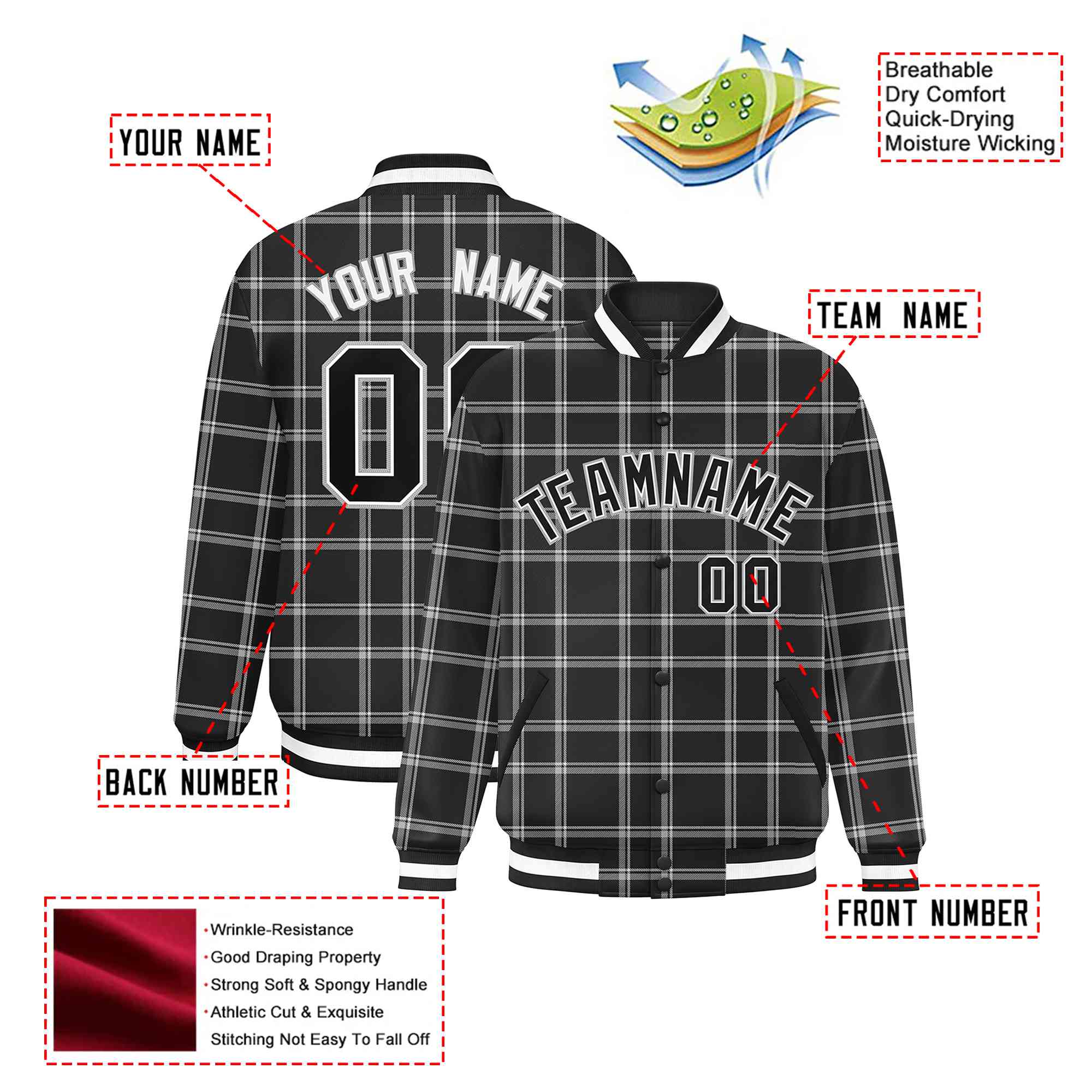 Custom Dark Gray-White Varsity Full-Snap Plaid Pattern Letterman Baseball Jacket