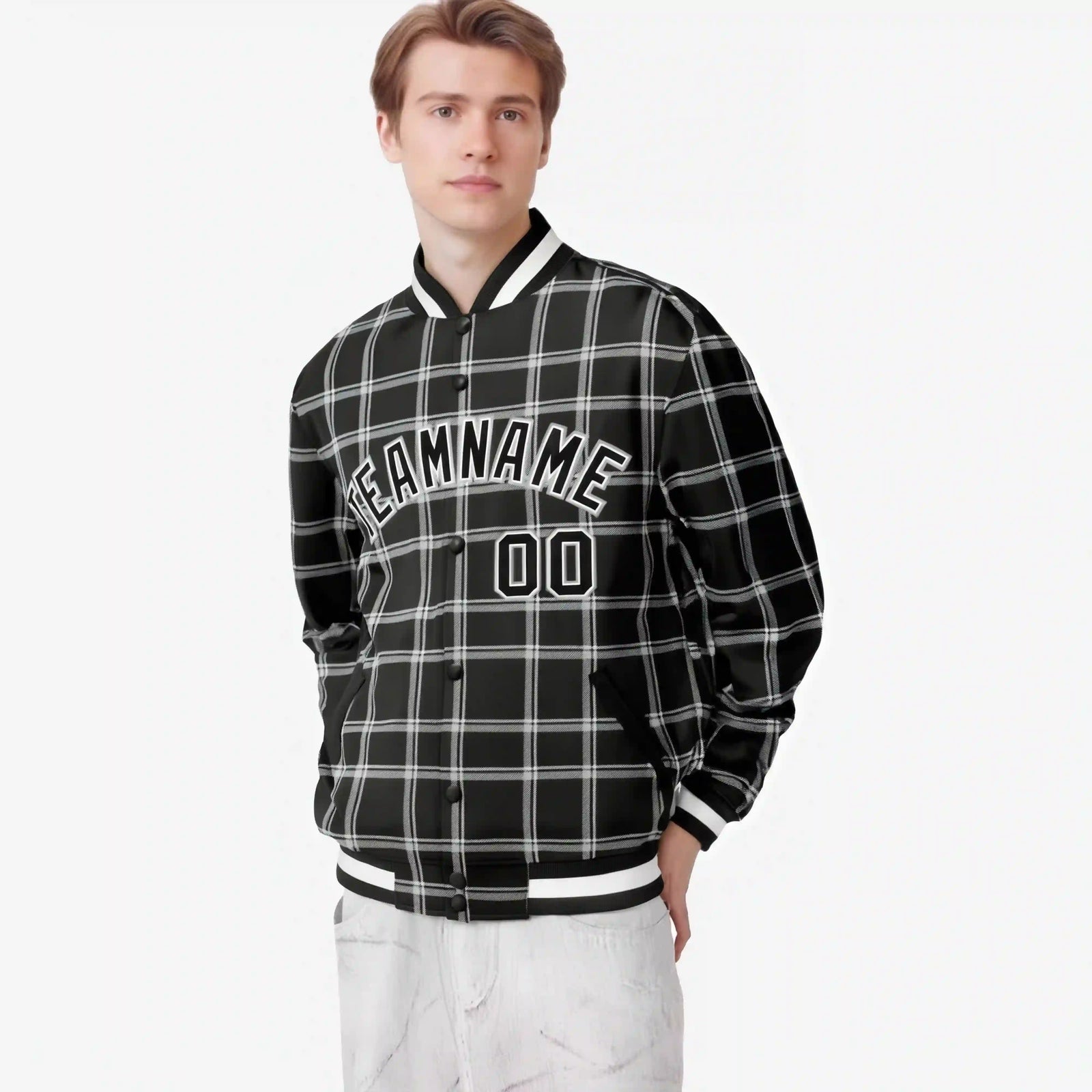 Custom Dark Gray-White Varsity Full-Snap Plaid Pattern Letterman Baseball Jacket