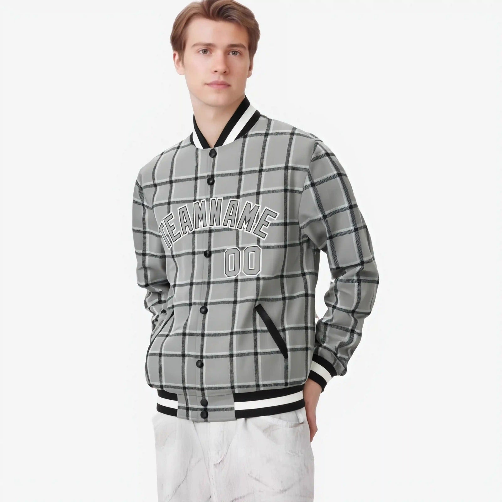 Custom Gray-Dark Gray Varsity Full-Snap Plaid Pattern Letterman Baseball Jacket