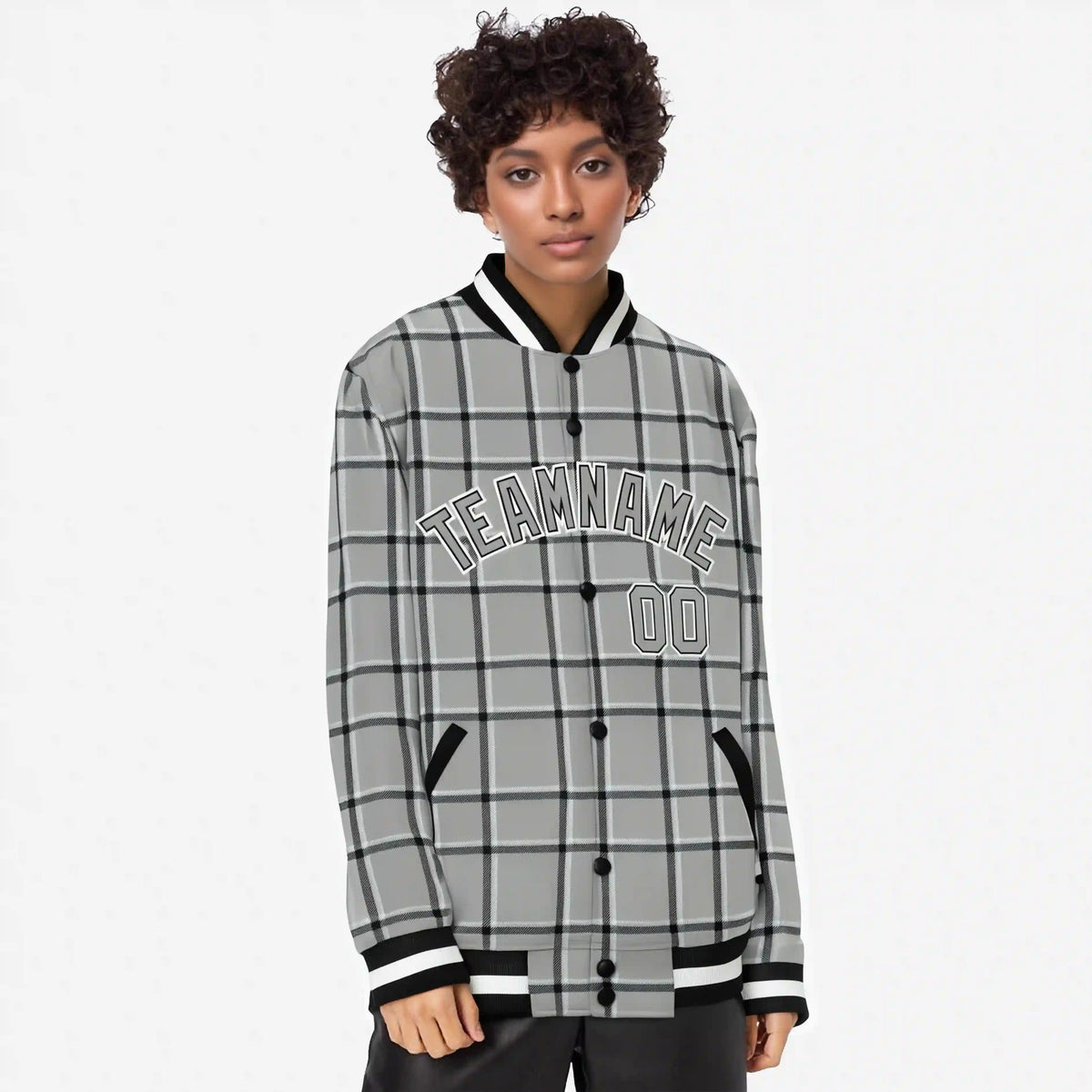 Custom Gray-Dark Gray Varsity Full-Snap Plaid Pattern Letterman Baseball Jacket