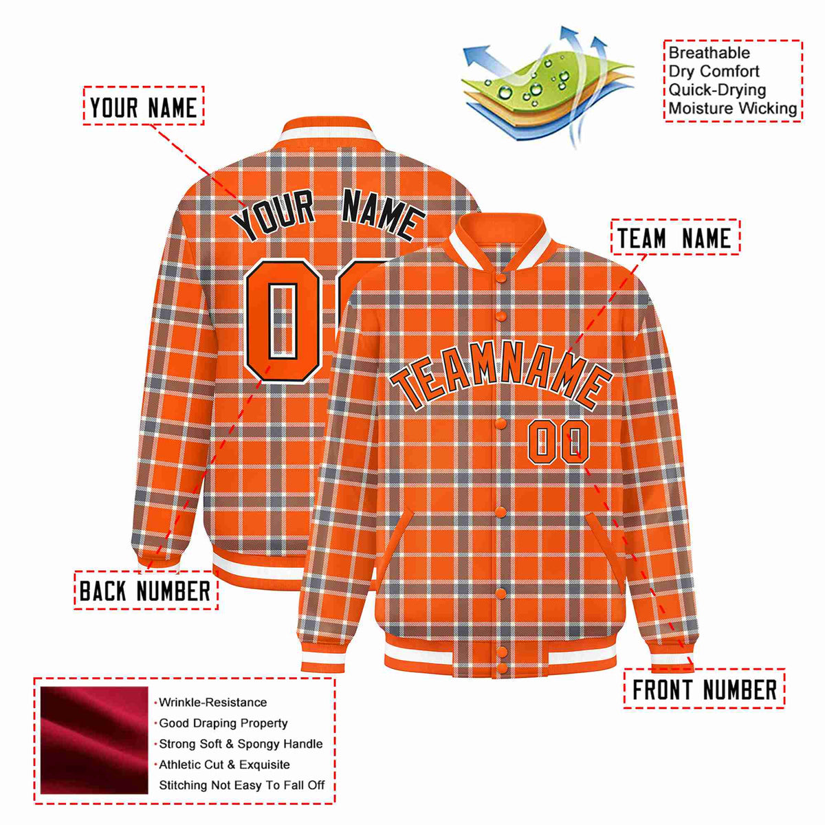 Custom Orange-Light Brown Varsity Full-Snap Plaid Pattern Letterman Baseball Jacket