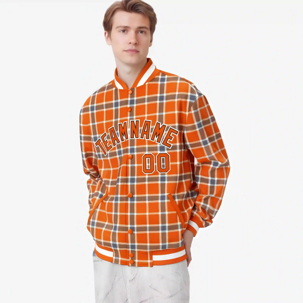 Custom Orange-Light Brown Varsity Full-Snap Plaid Pattern Letterman Baseball Jacket